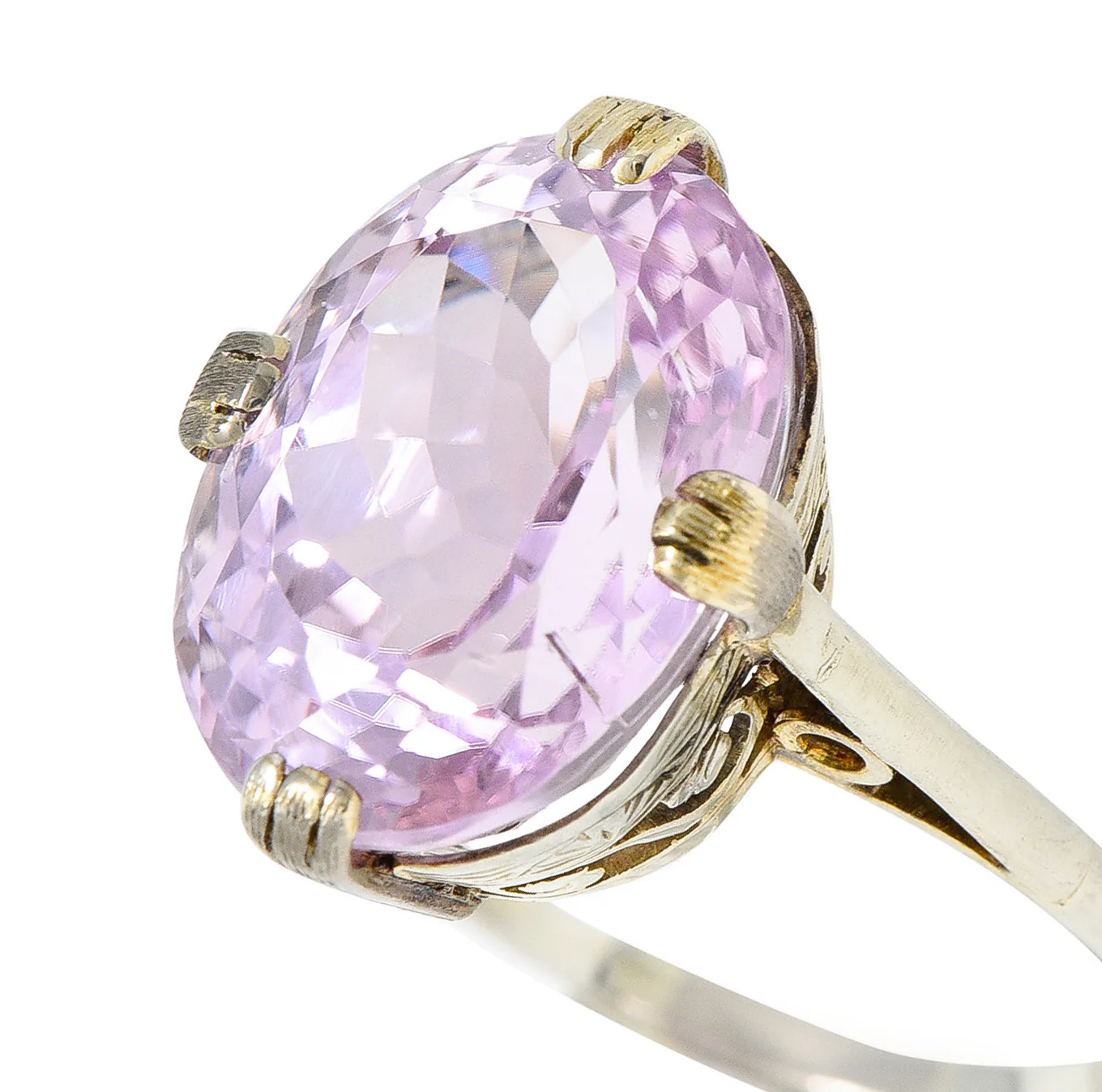 Art Deco Kunzite 18 Karat White Gold Scrolled Gemstone Ring - Image 7