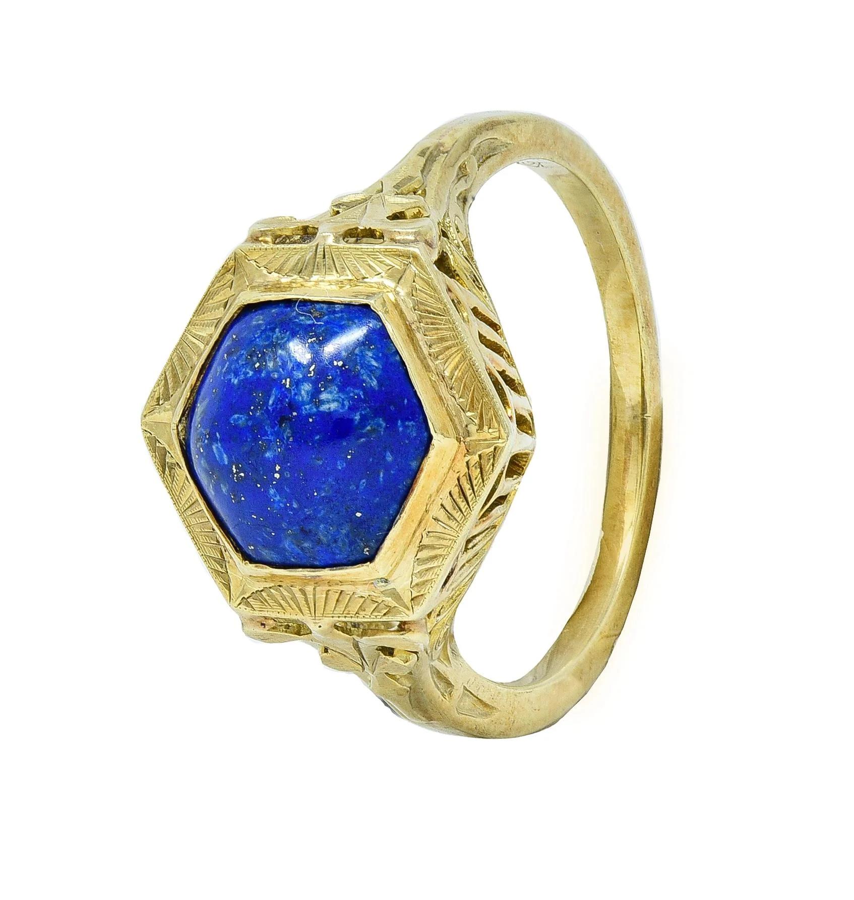 Art Deco Lapis Lazuli Cabochon 14 Karat Yellow Gold Fleur-De-Lis Hexagonal Ring - Image 10