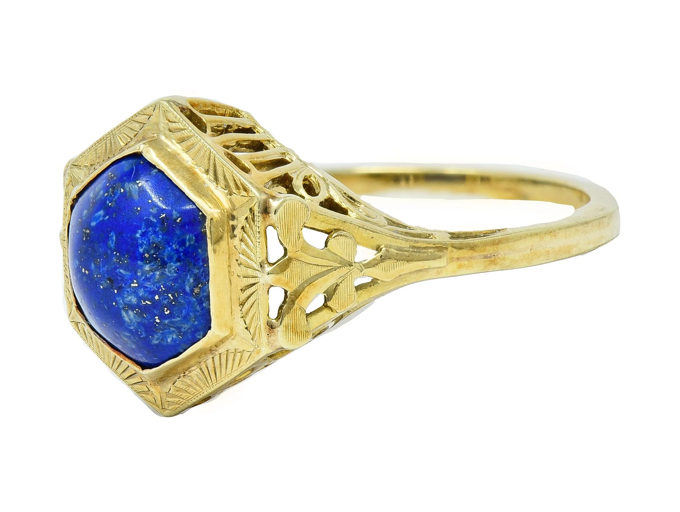 Art Deco Lapis Lazuli Cabochon 14 Karat Yellow Gold Fleur-De-Lis Hexagonal Ring - Image 7