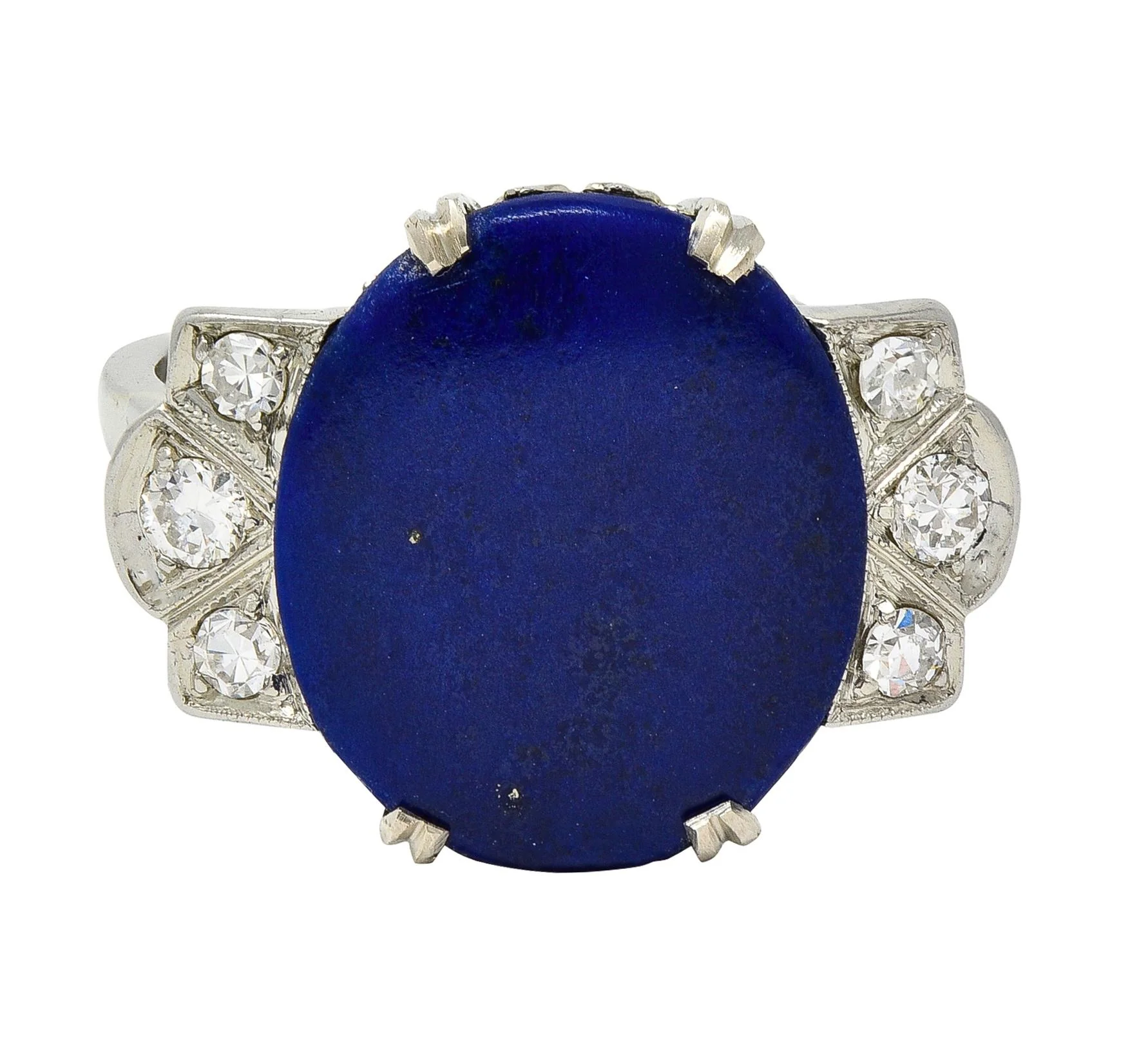 Art Deco Lapis Lazuli Diamond 18 Karat White Gold Vintage Fleur-De-Lis Cocktail Ring