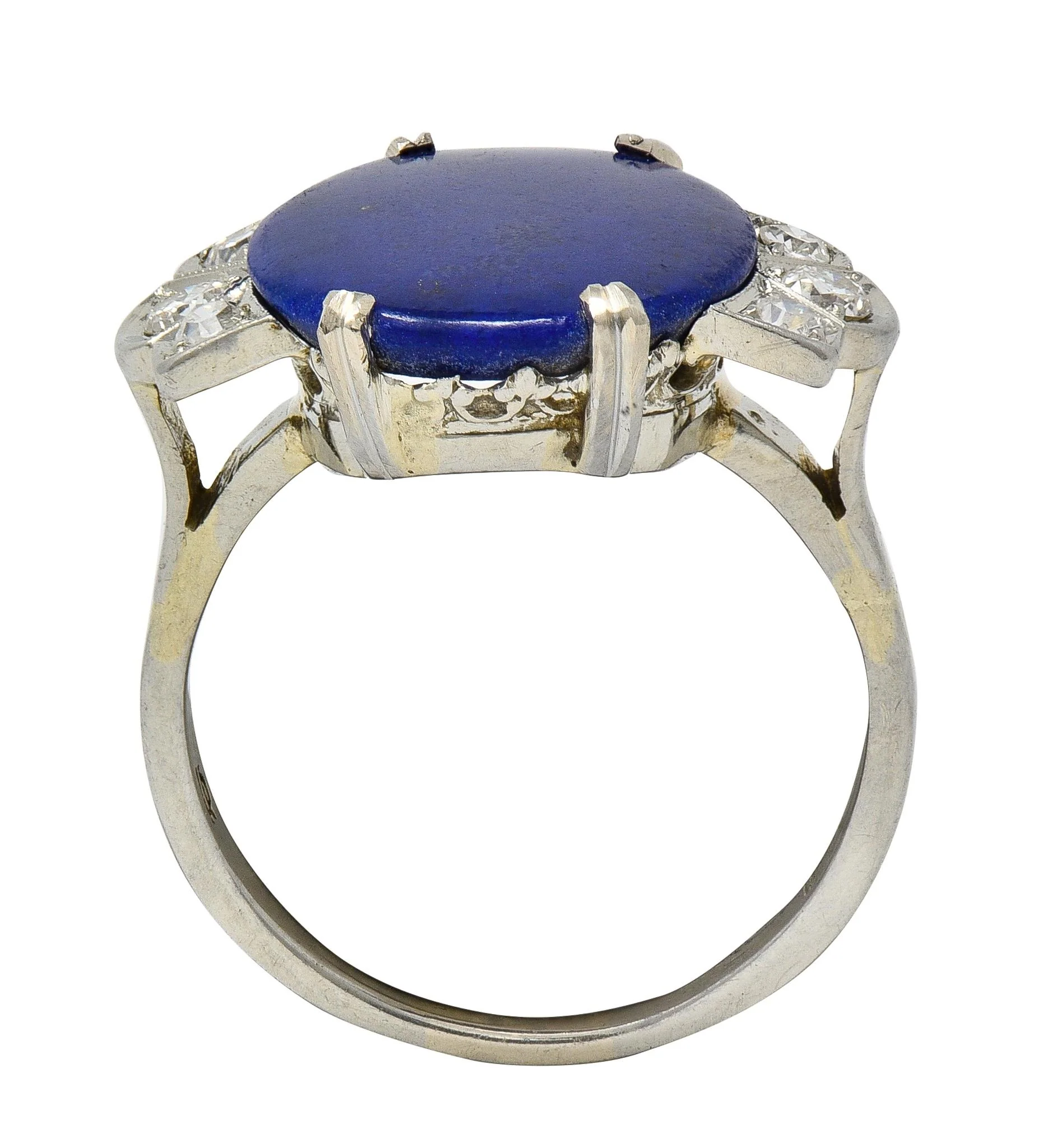 Art Deco Lapis Lazuli Diamond 18 Karat White Gold Vintage Fleur-De-Lis Cocktail Ring - Image 6