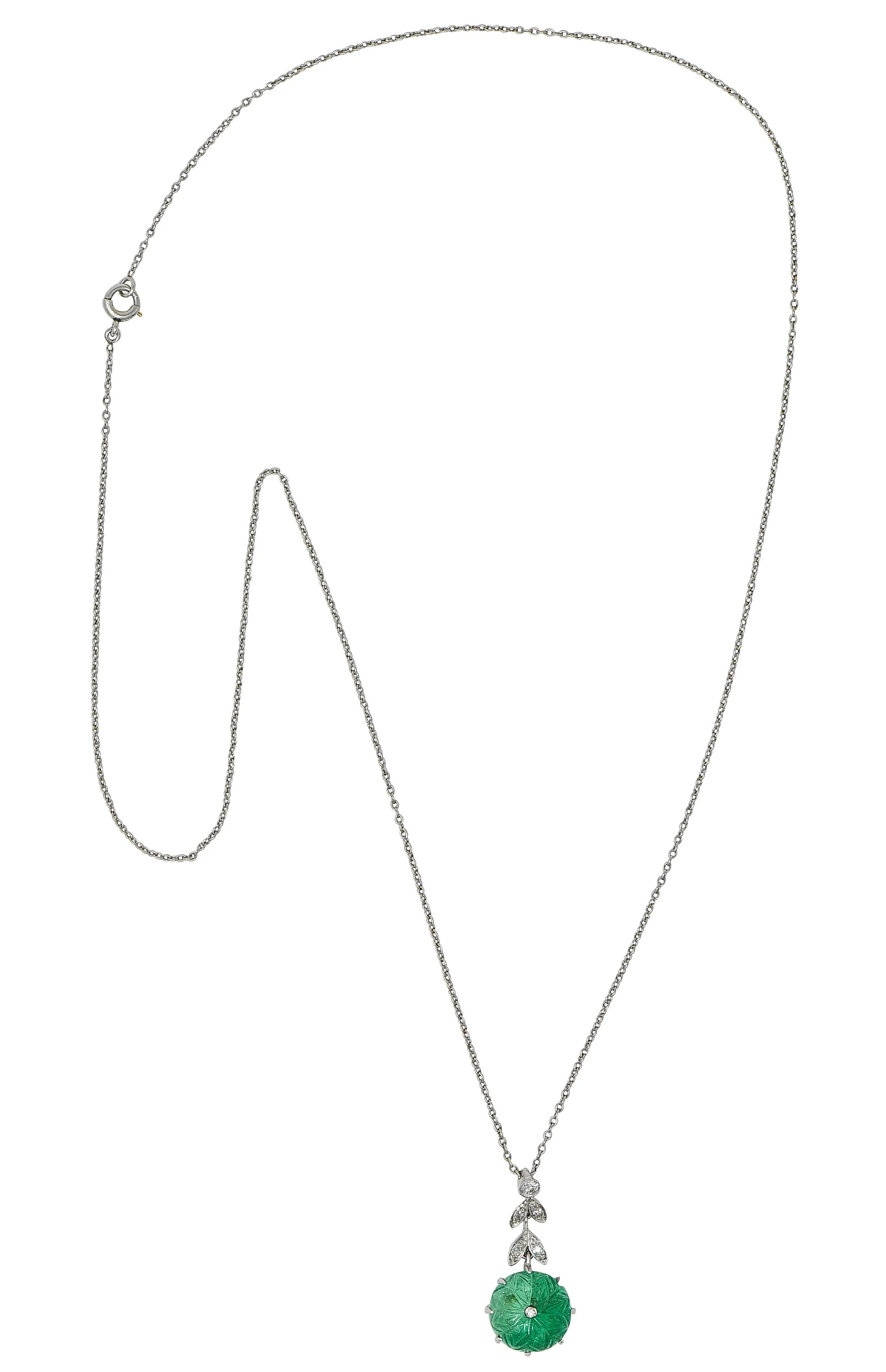 Art Deco Marcus & Co. 5.95 CTW Emerald Diamond Platinum Vintage Floral Drop Necklace - Image 3