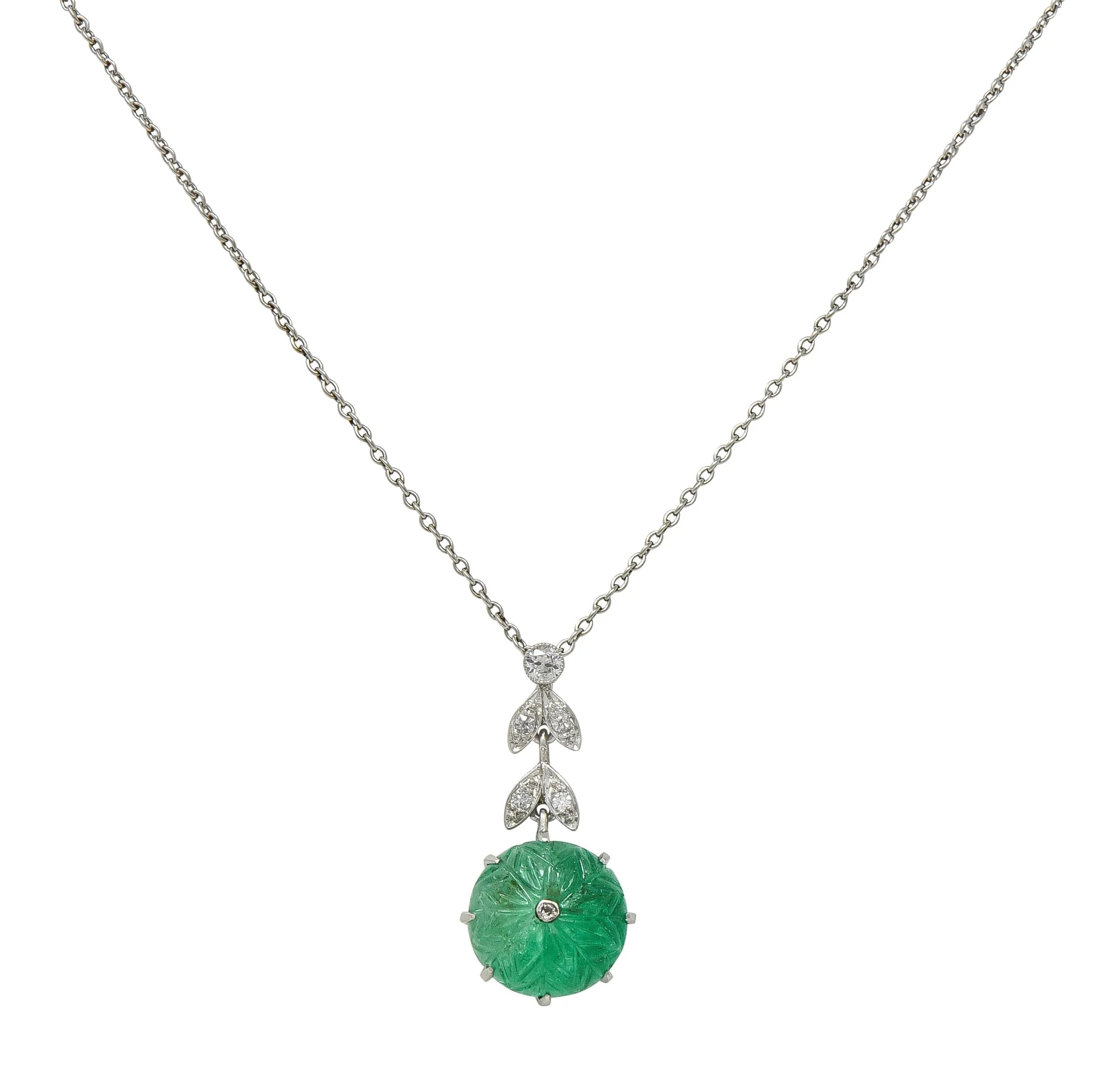 Art Deco Marcus & Co. 5.95 CTW Emerald Diamond Platinum Vintage Floral Drop Necklace - Image 4