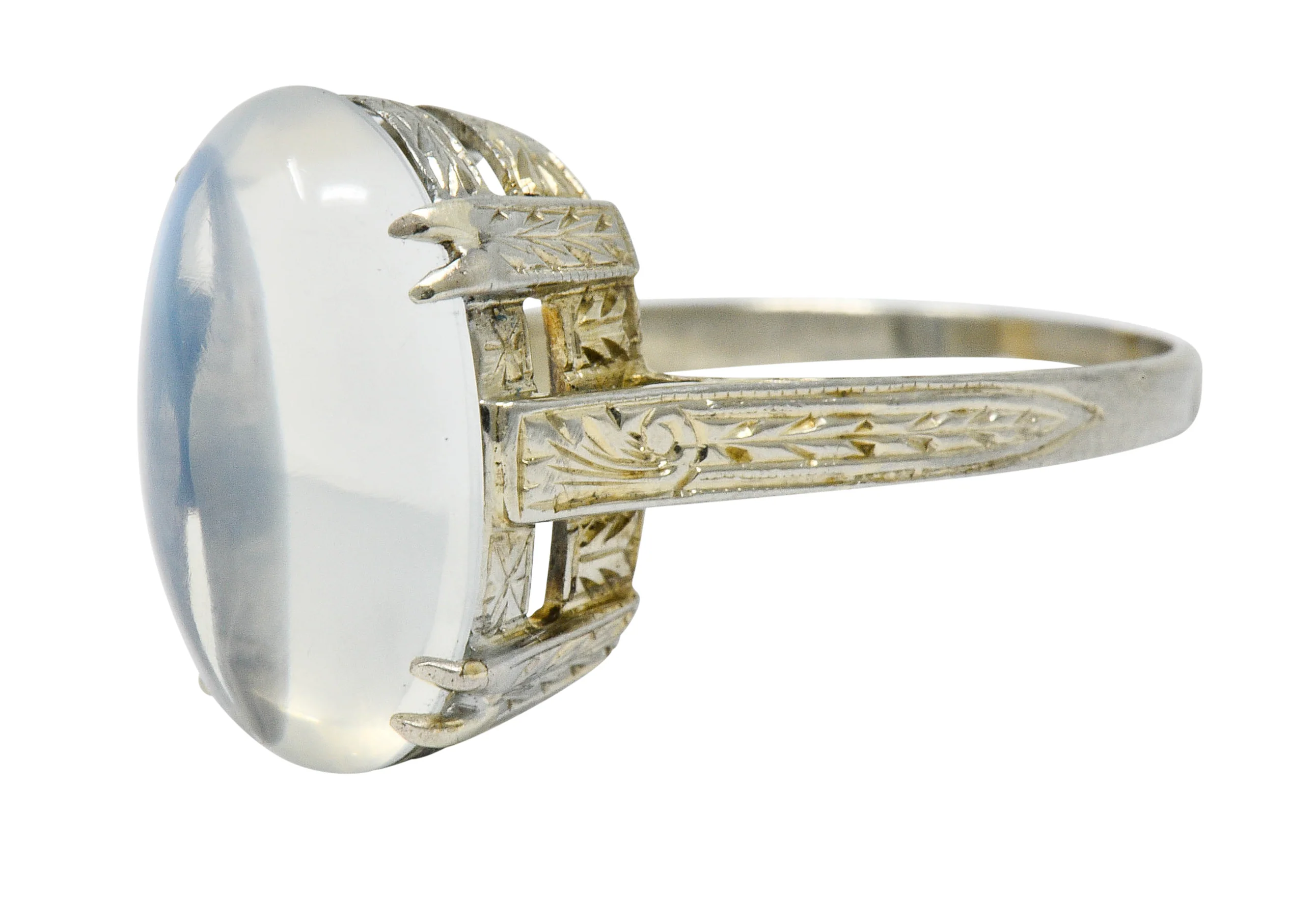Art Deco Moonstone Cabochon 18 Karat White Gold Statement Ring - Image 5