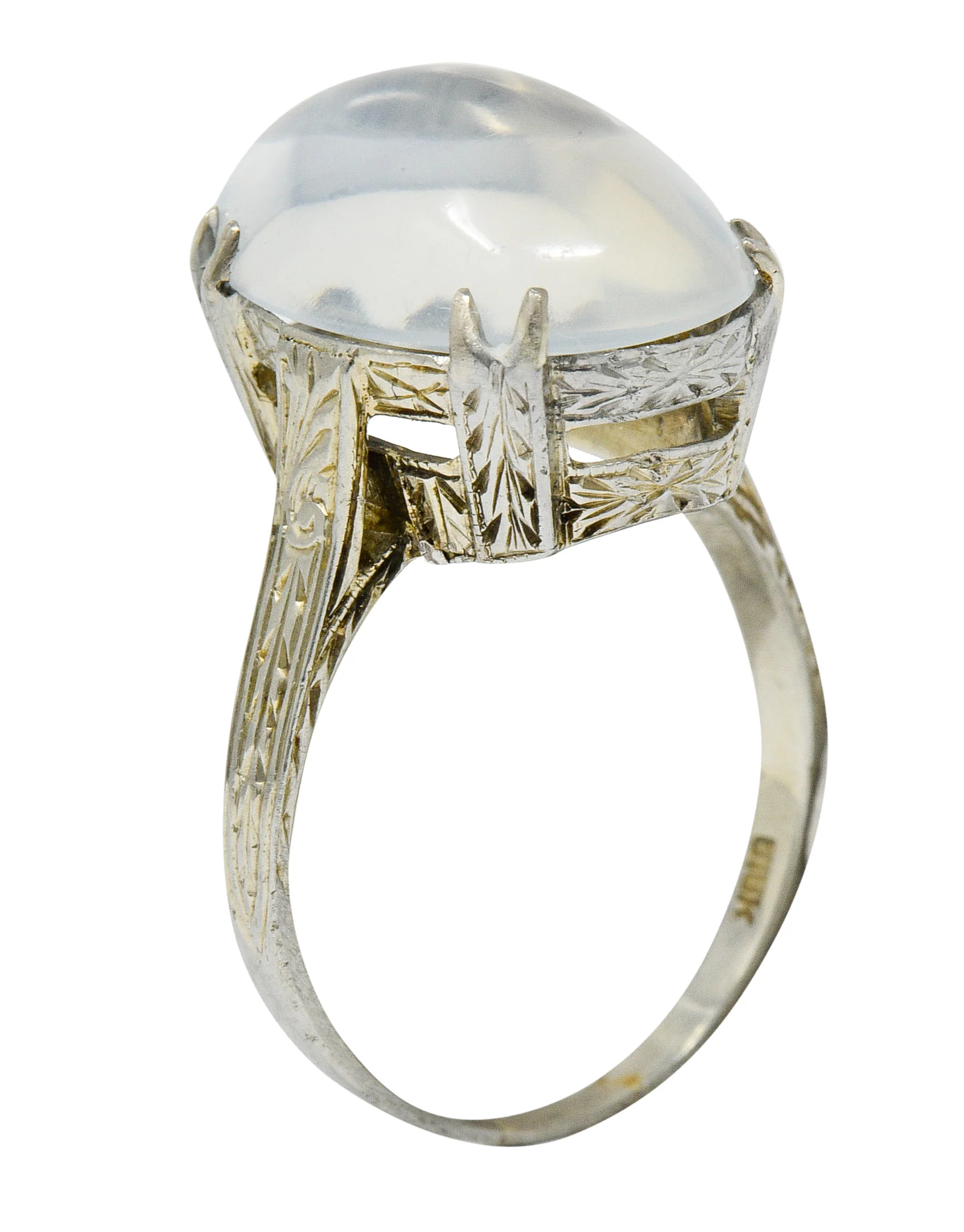 Art Deco Moonstone Cabochon 18 Karat White Gold Statement Ring - Image 9