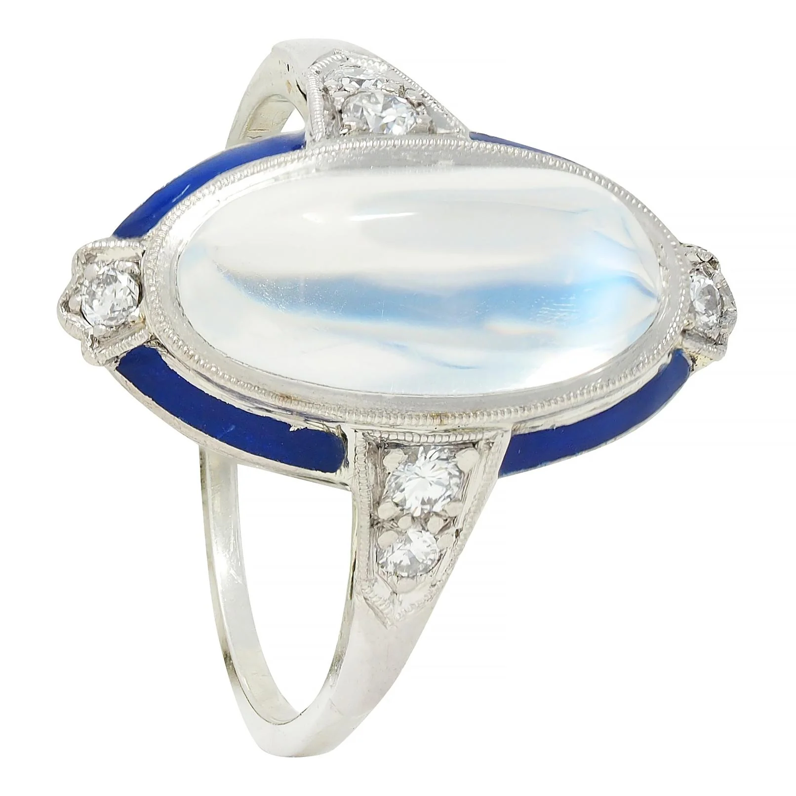Art Deco Moonstone Diamond Enamel 18 Karat White Gold Antique Dinner Ring - Image 11