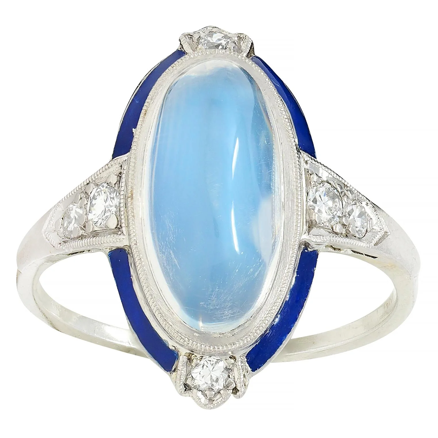 Art Deco Moonstone Diamond Enamel 18 Karat White Gold Antique Dinner Ring - Image 12