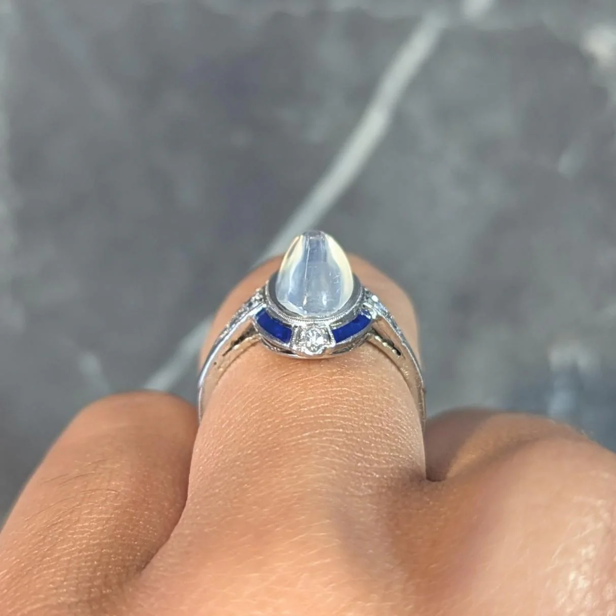 Art Deco Moonstone Diamond Enamel 18 Karat White Gold Antique Dinner Ring - Image 14