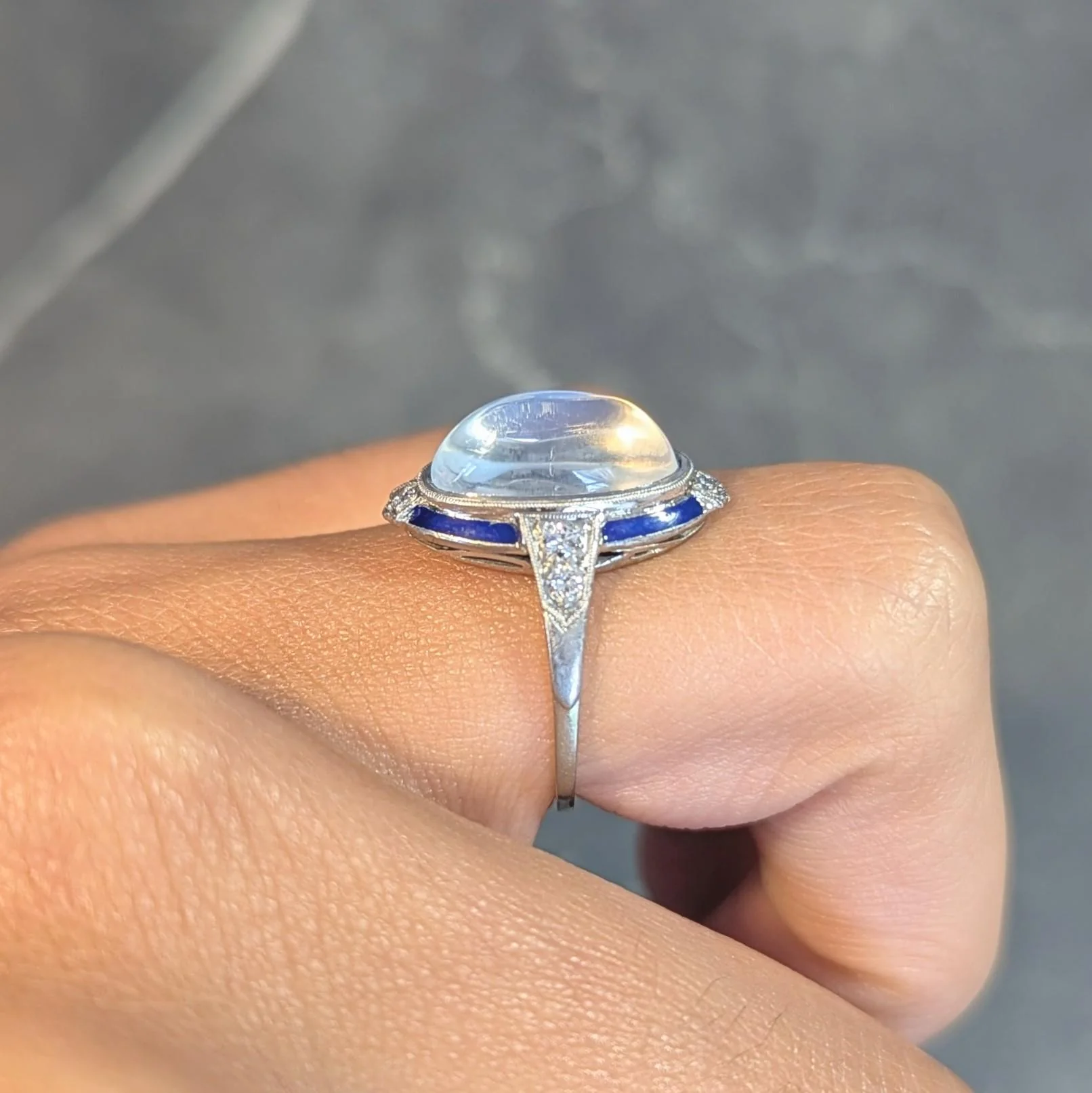 Art Deco Moonstone Diamond Enamel 18 Karat White Gold Antique Dinner Ring - Image 15
