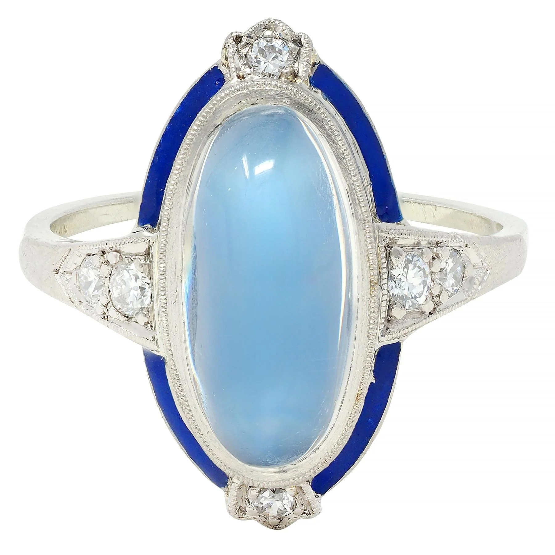 Art Deco Moonstone Diamond Enamel 18 Karat White Gold Antique Dinner Ring - Image 2