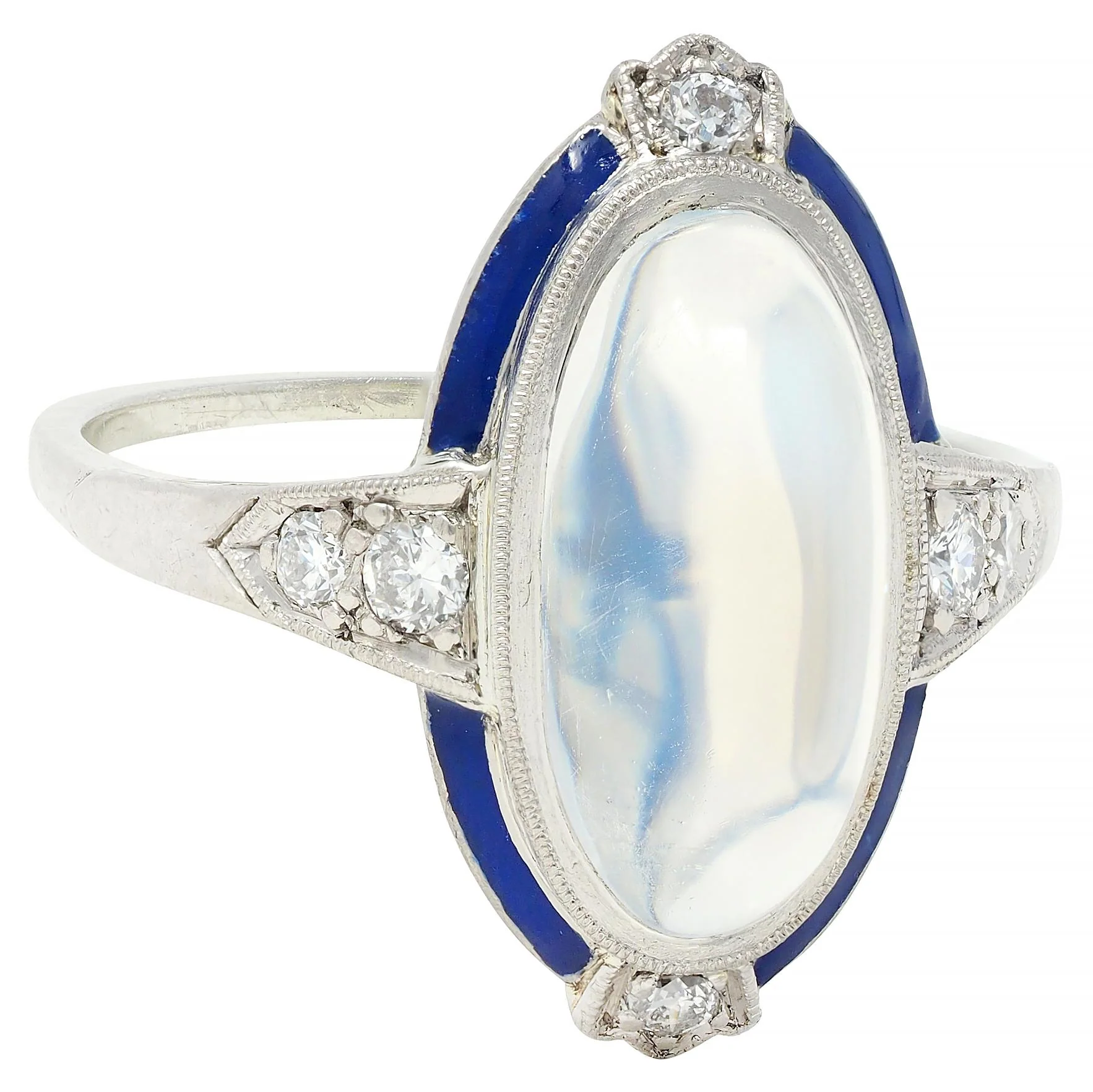 Art Deco Moonstone Diamond Enamel 18 Karat White Gold Antique Dinner Ring - Image 3