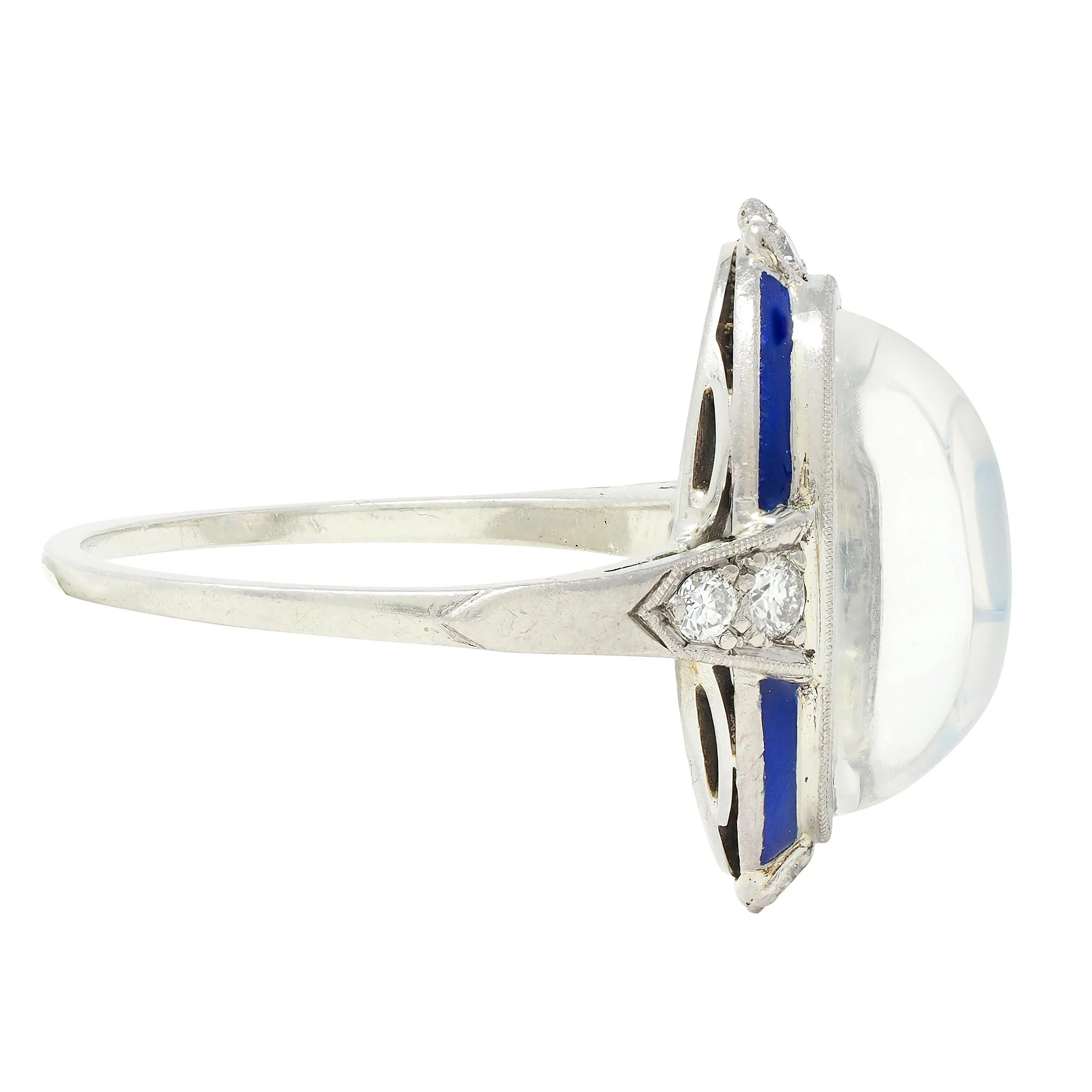 Art Deco Moonstone Diamond Enamel 18 Karat White Gold Antique Dinner Ring - Image 4