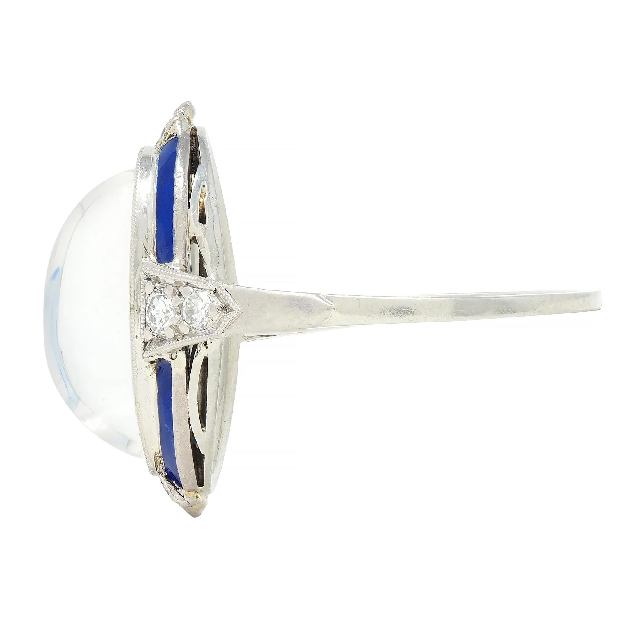 Art Deco Moonstone Diamond Enamel 18 Karat White Gold Antique Dinner Ring - Image 5