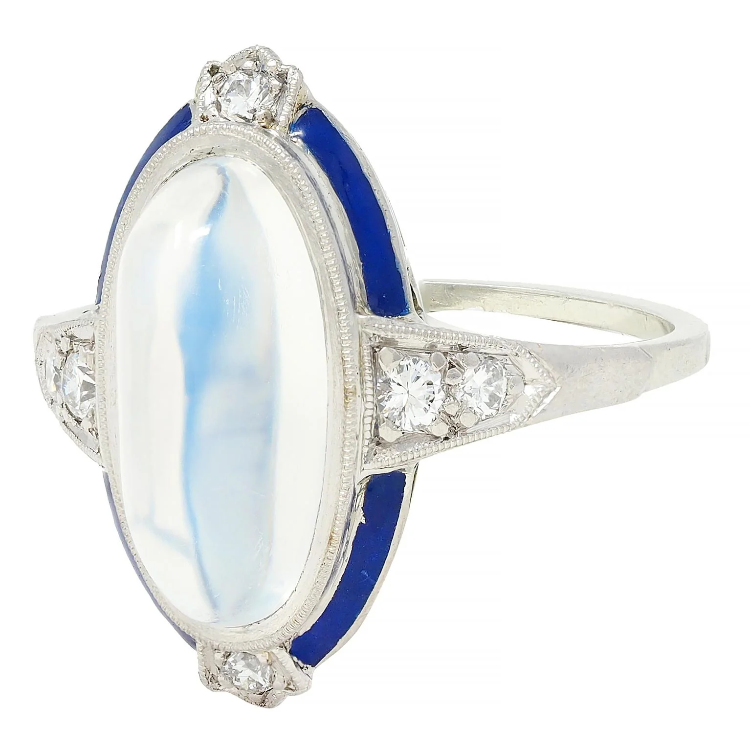 Art Deco Moonstone Diamond Enamel 18 Karat White Gold Antique Dinner Ring - Image 6