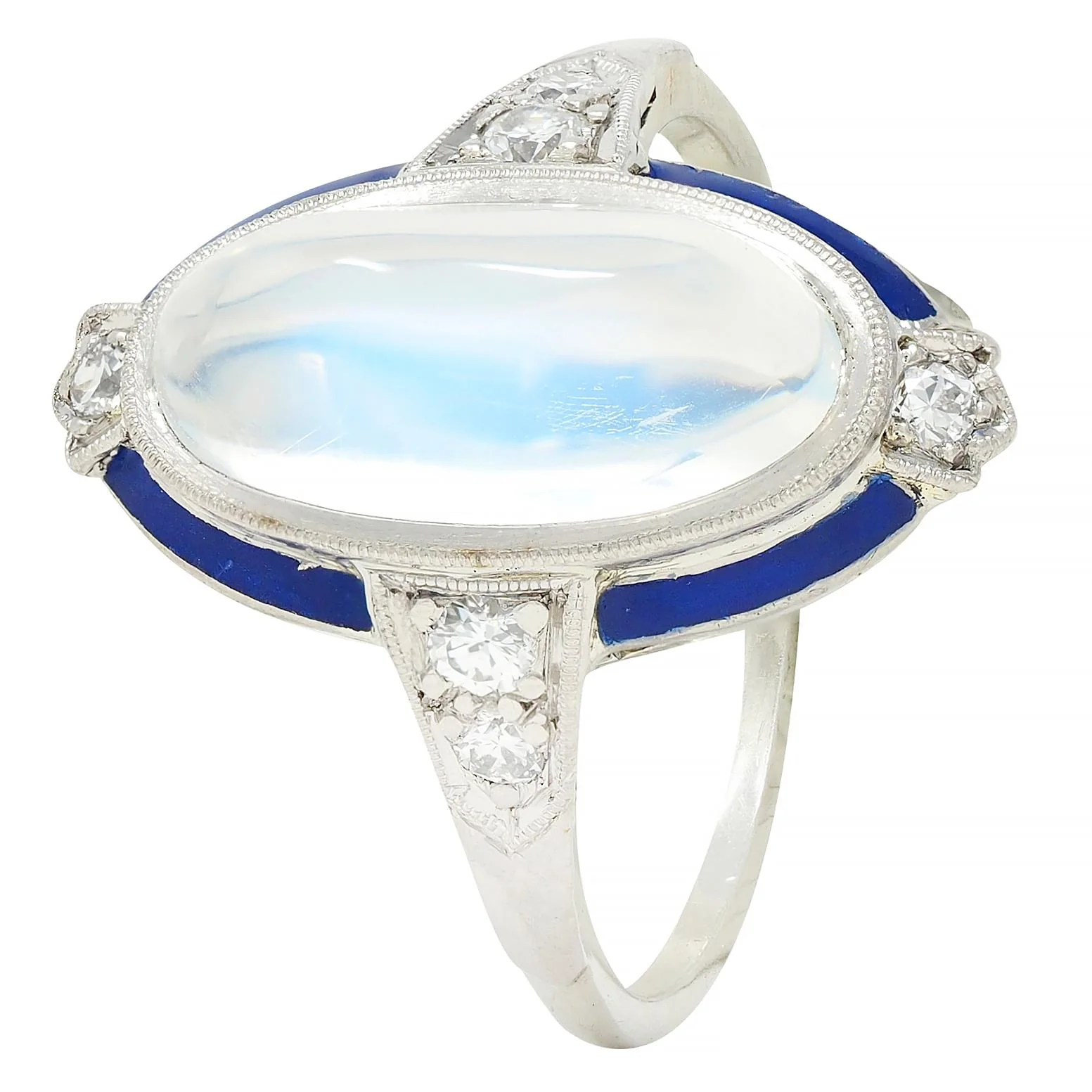 Art Deco Moonstone Diamond Enamel 18 Karat White Gold Antique Dinner Ring - Image 7