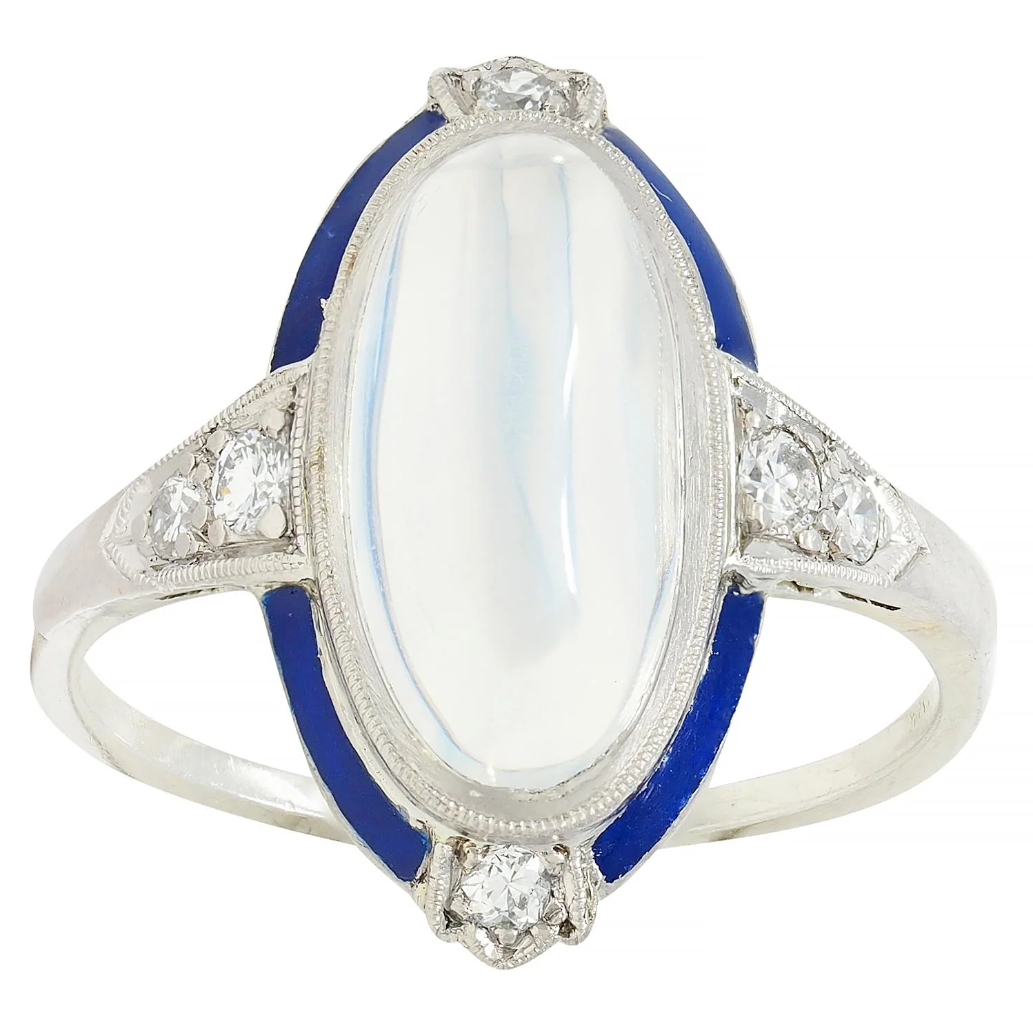 Art Deco Moonstone Diamond Enamel 18 Karat White Gold Antique Dinner Ring - Image 8