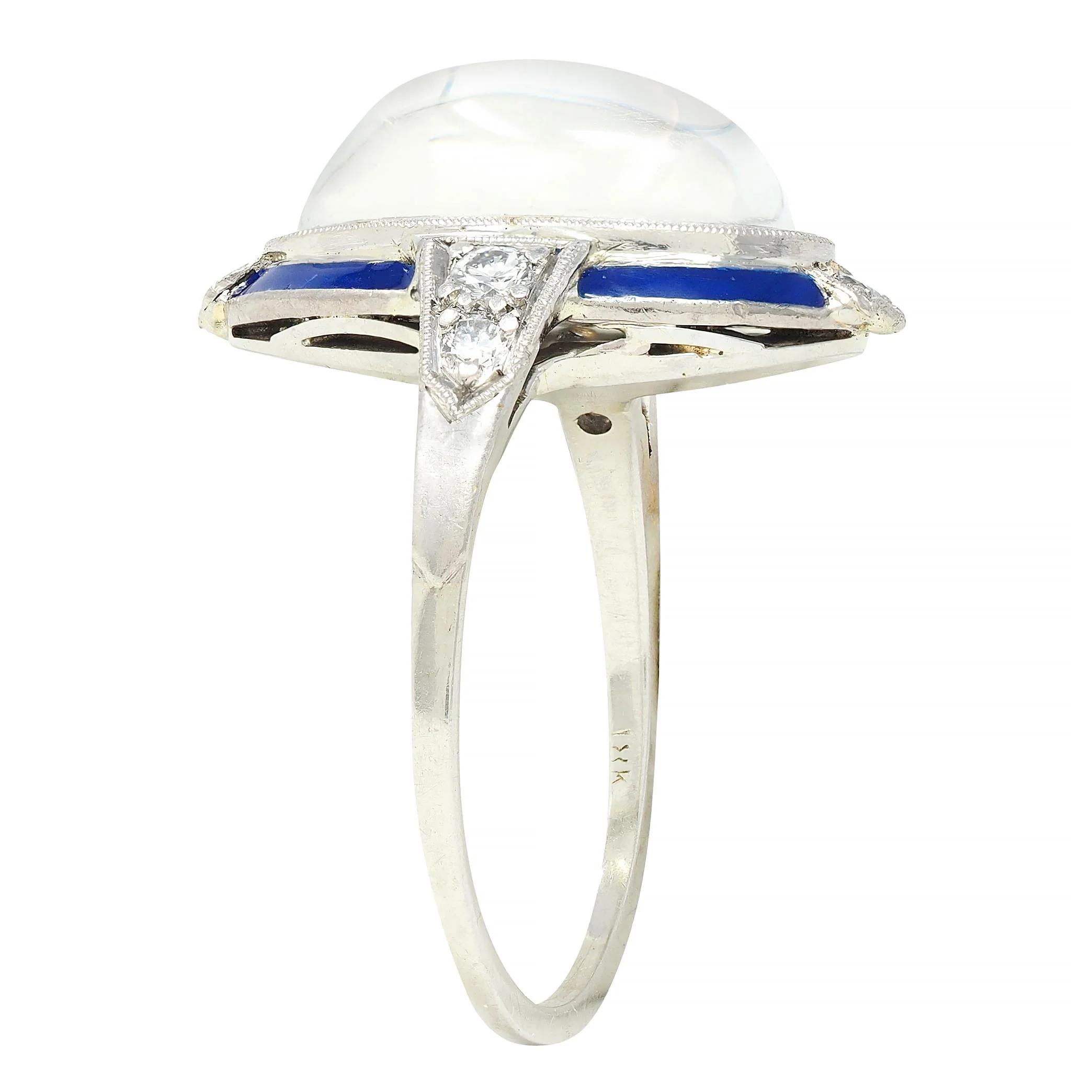 Art Deco Moonstone Diamond Enamel 18 Karat White Gold Antique Dinner Ring - Image 9