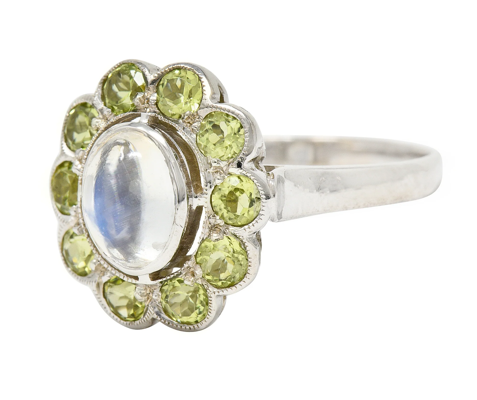 Art Deco Moonstone Peridot 18 Karat White Gold Halo Ring - Image 6
