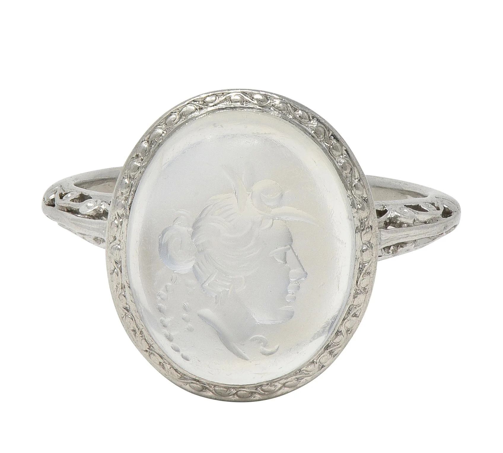 Art Deco Moonstone Platinum Vintage Carved Intaglio Women Portrait Ring