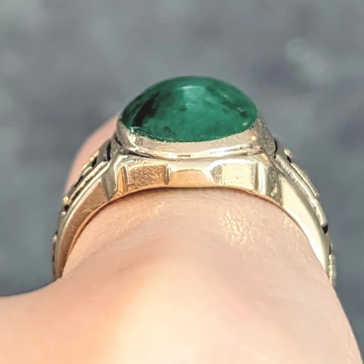 Art Deco Natural Jade 14 Karat Yellow Gold Greek Key Antique Signet Ring GIA - Image 14