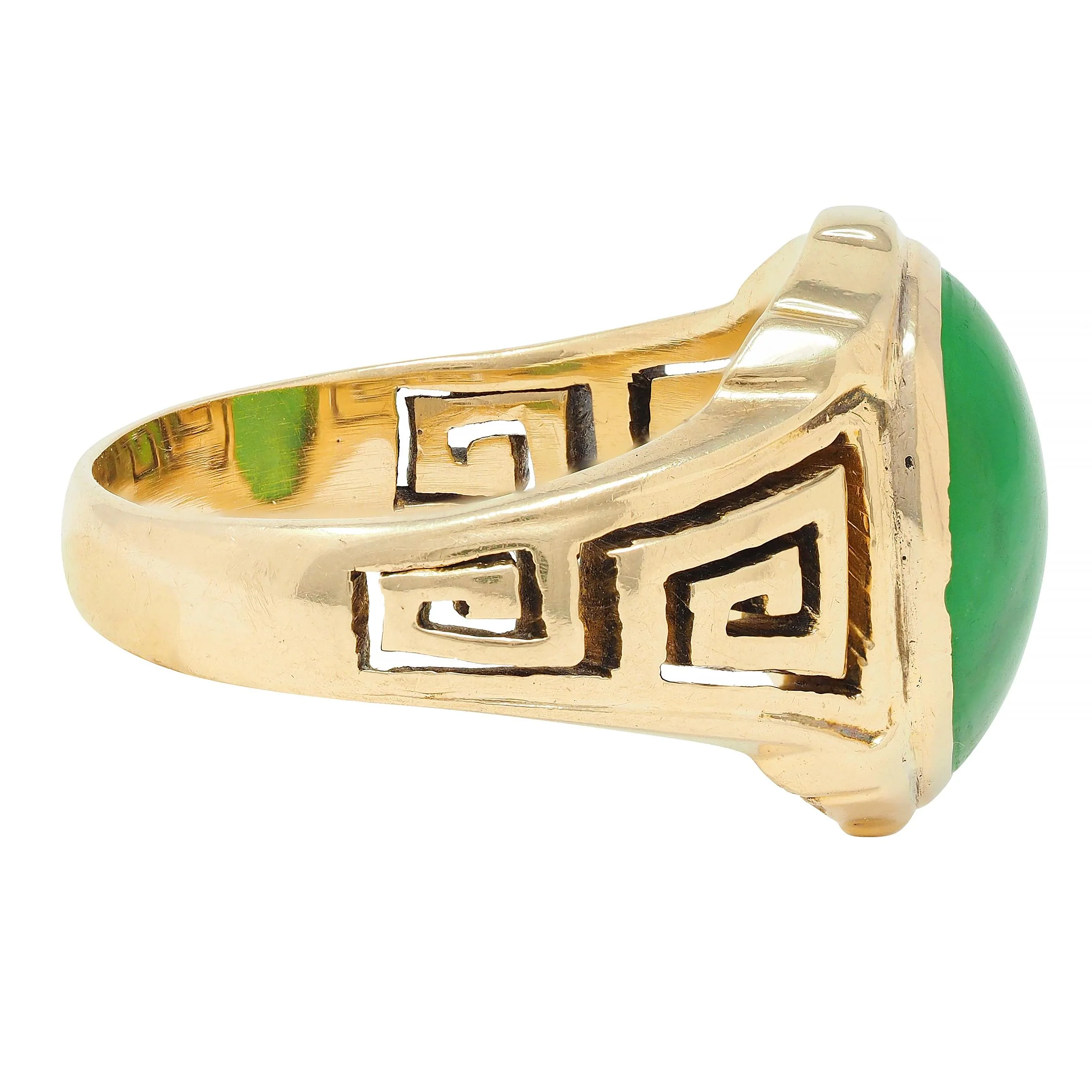 Art Deco Natural Jade 14 Karat Yellow Gold Greek Key Antique Signet Ring GIA - Image 4