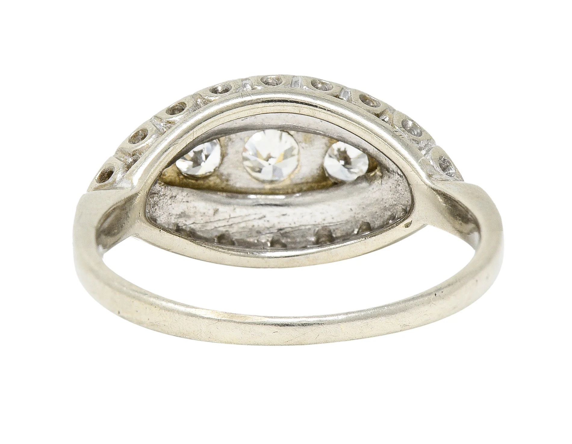Art Deco Old European Cut Diamond 14 Karat White Gold Three Stone Bombay Dinner Ring - Image 4