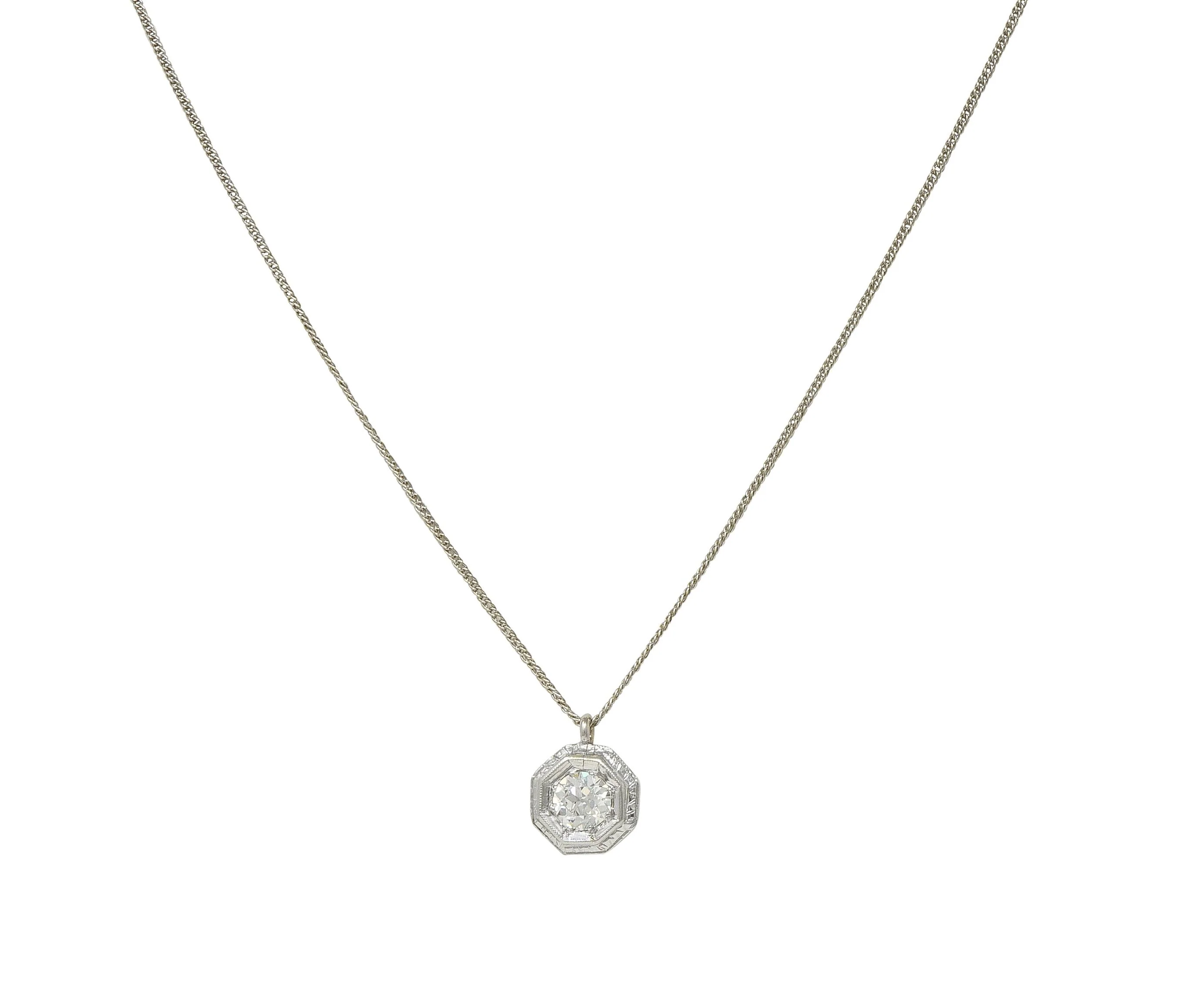 Art Deco Old European Cut Diamond 18 Karat White Gold Vintage Pendant Drop Necklace - Image 8