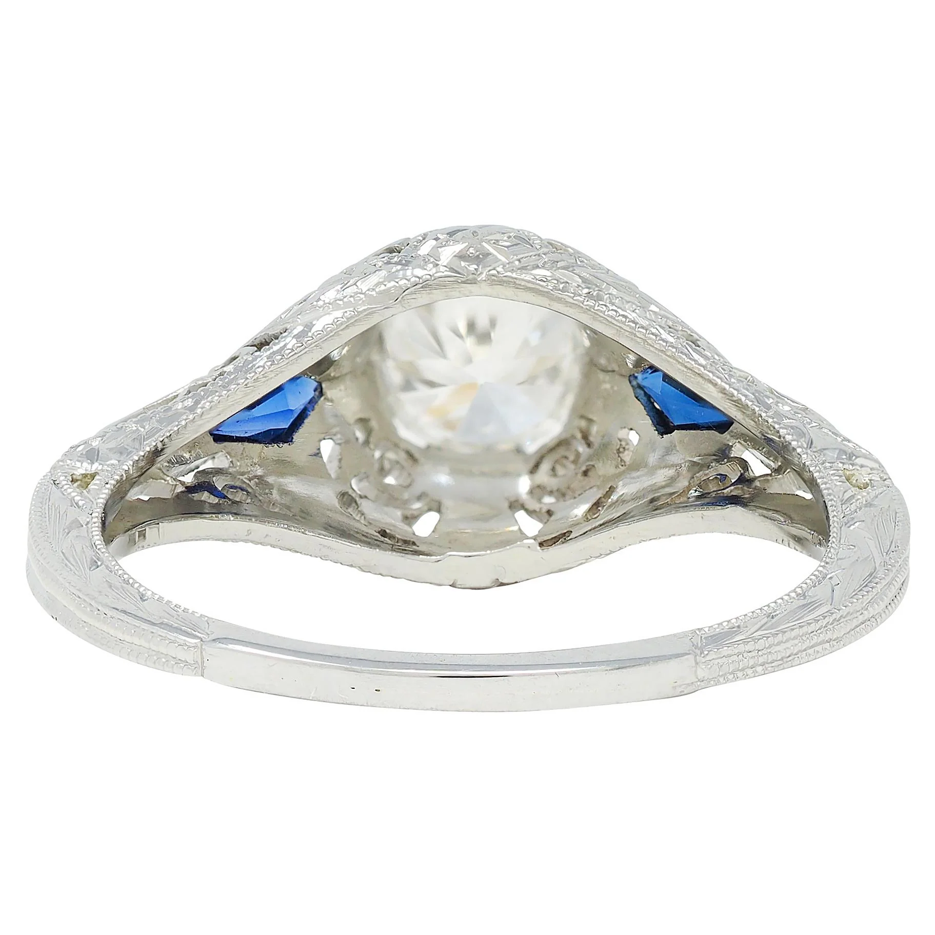 Art Deco Old European Cut Diamond 18 Karat White Gold Vintage Scroll Engagement Ring - Image 3