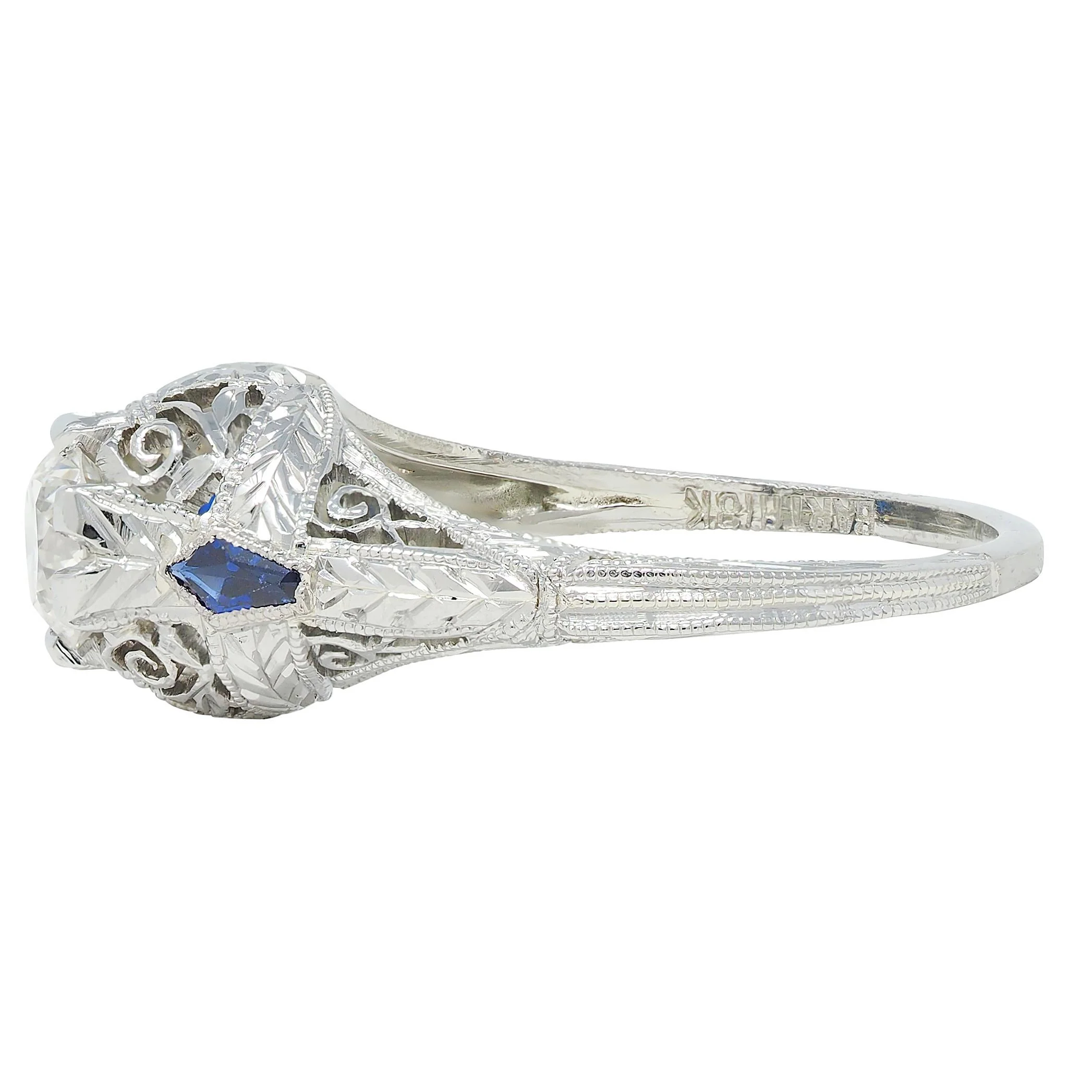 Art Deco Old European Cut Diamond 18 Karat White Gold Vintage Scroll Engagement Ring - Image 4