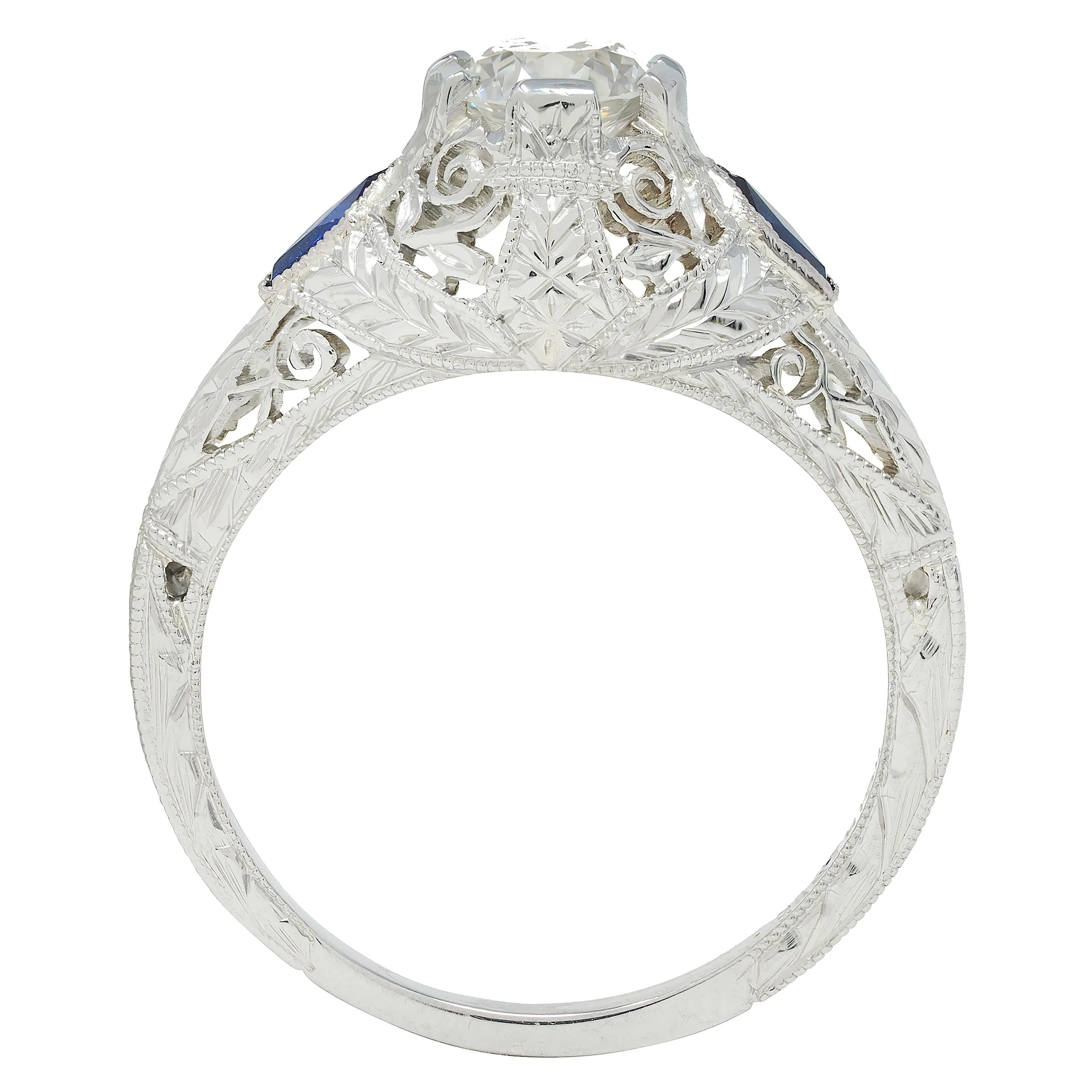 Art Deco Old European Cut Diamond 18 Karat White Gold Vintage Scroll Engagement Ring - Image 5