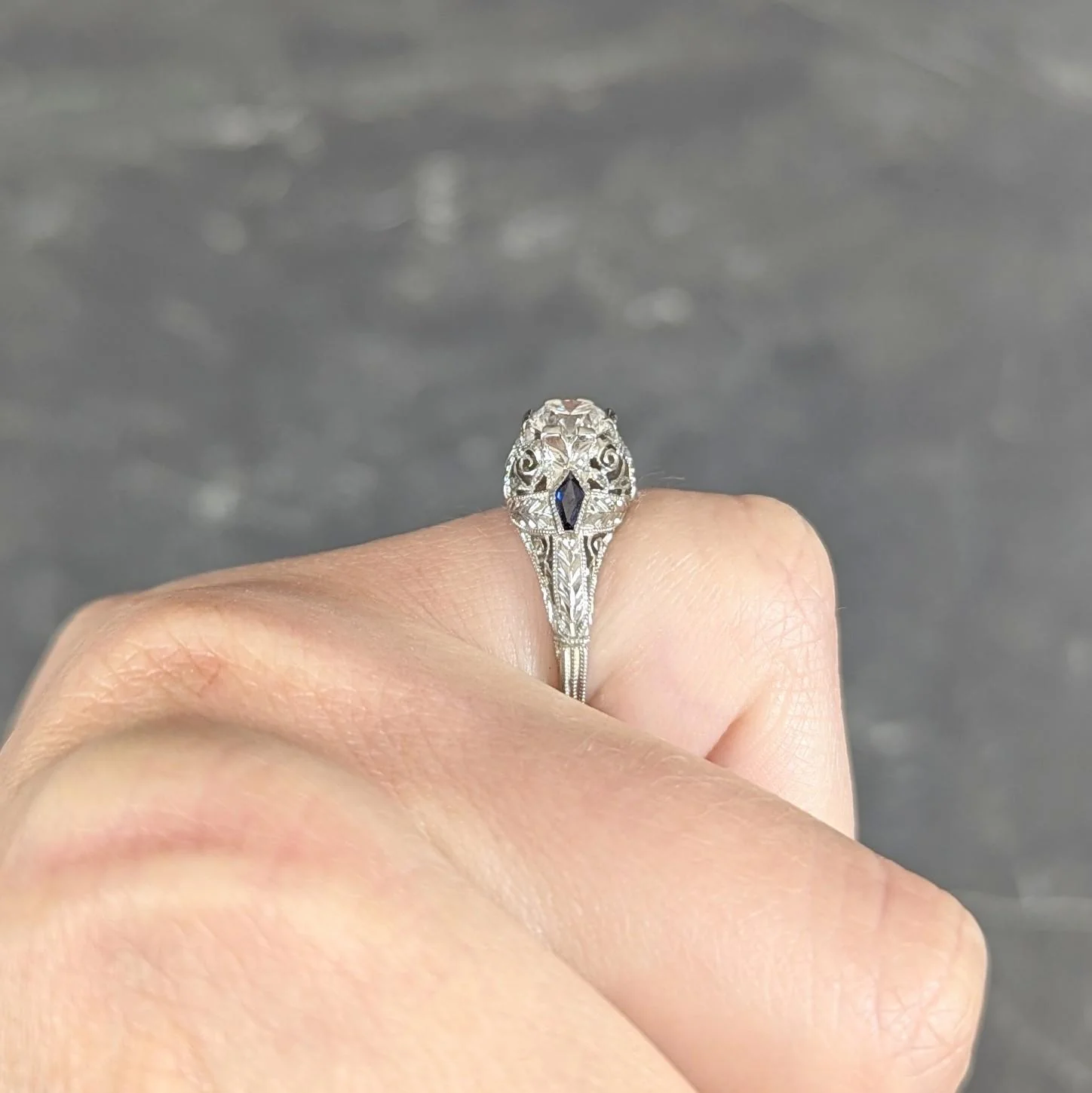 Art Deco Old European Cut Diamond 18 Karat White Gold Vintage Scroll Engagement Ring - Image 8