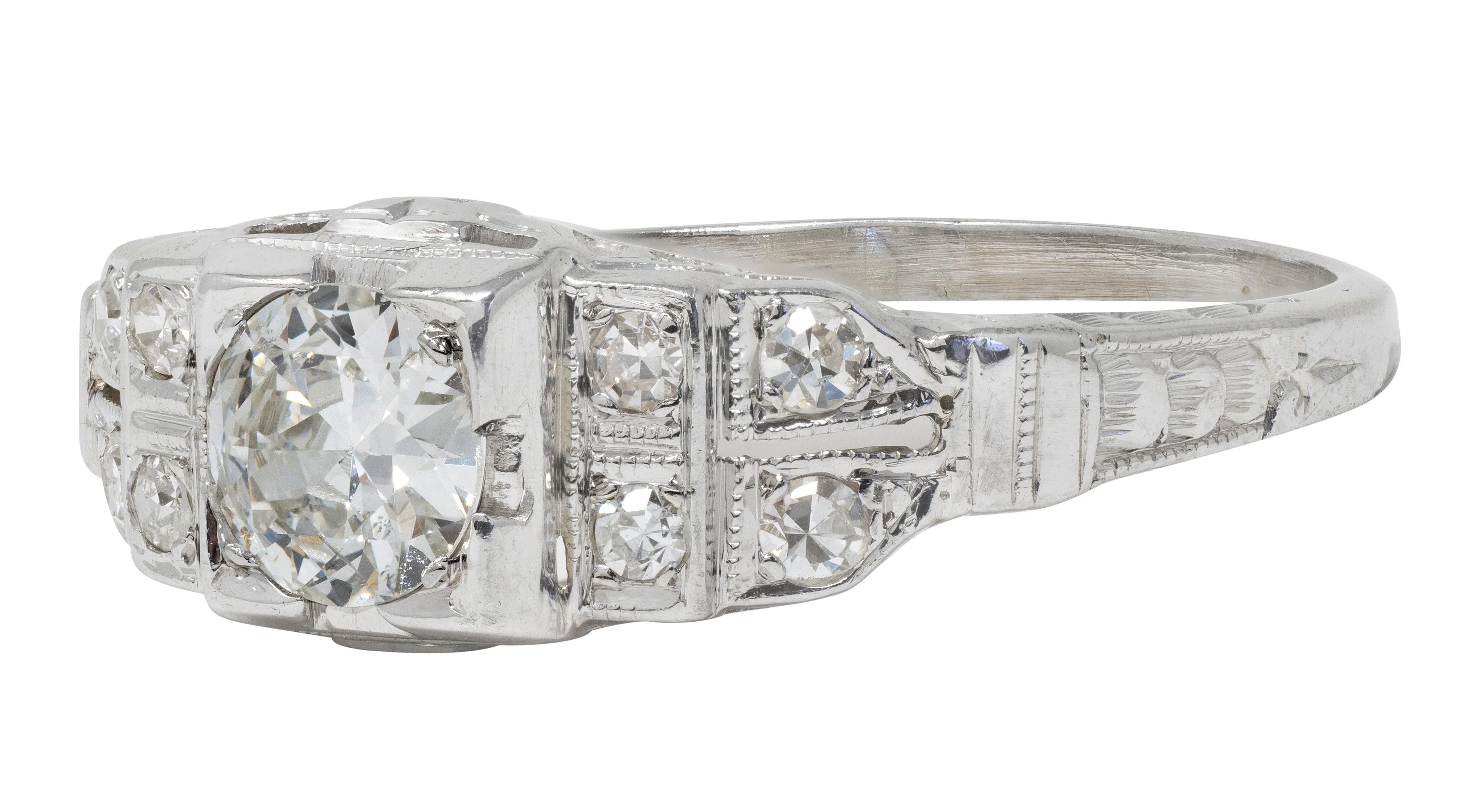 Art Deco Old European Cut Diamond 18 Karat White Gold Vintage Stepped Engagement Ring - Image 5