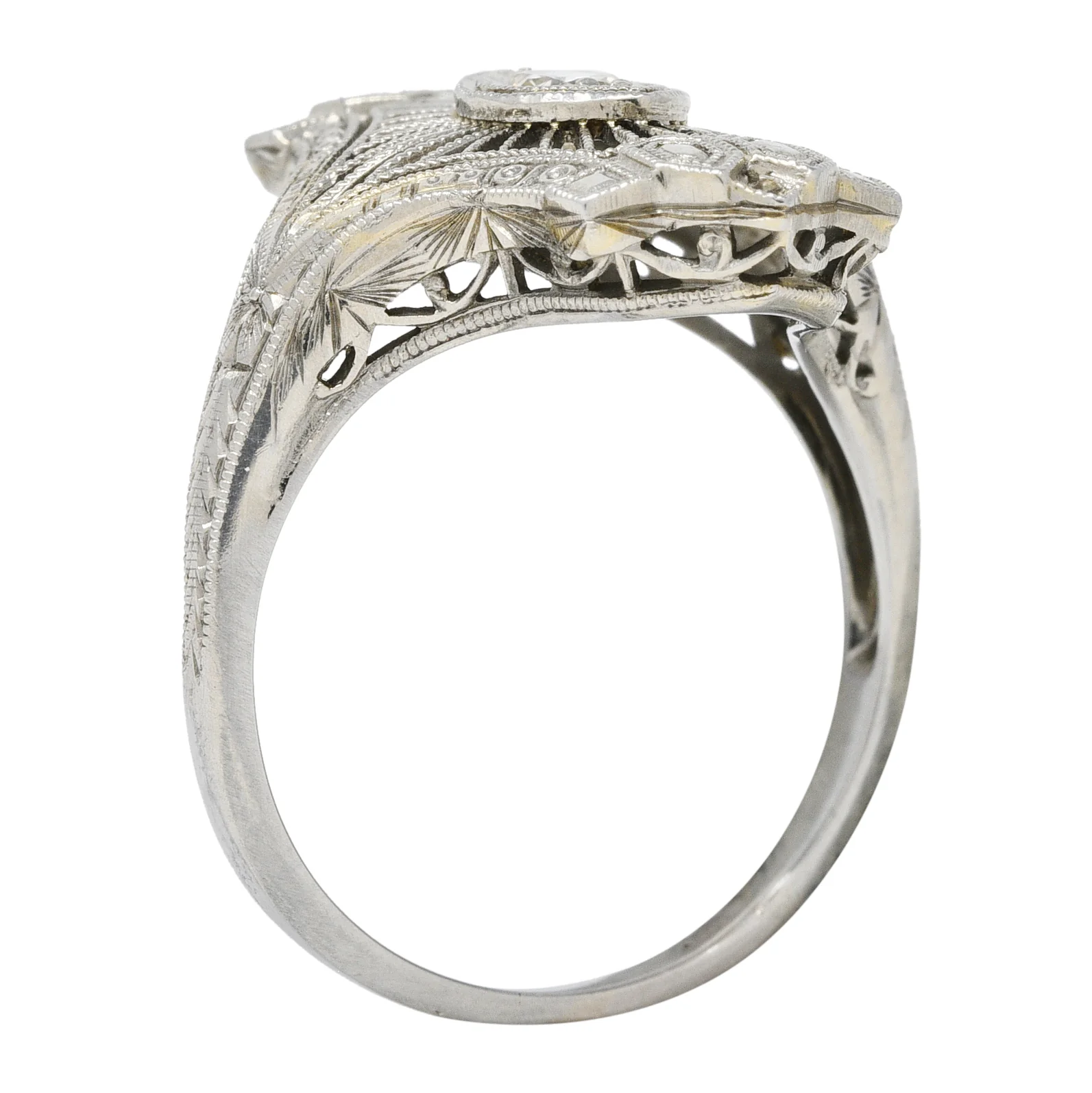 Art Deco Old European Cut Diamond 18 Karat White Gold Wheat Vintage Dinner Ring - Image 10