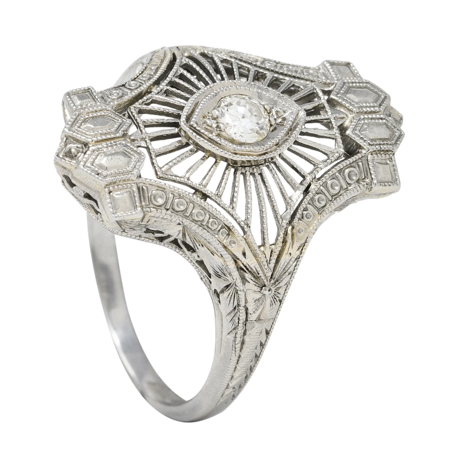 Art Deco Old European Cut Diamond 18 Karat White Gold Wheat Vintage Dinner Ring - Image 11