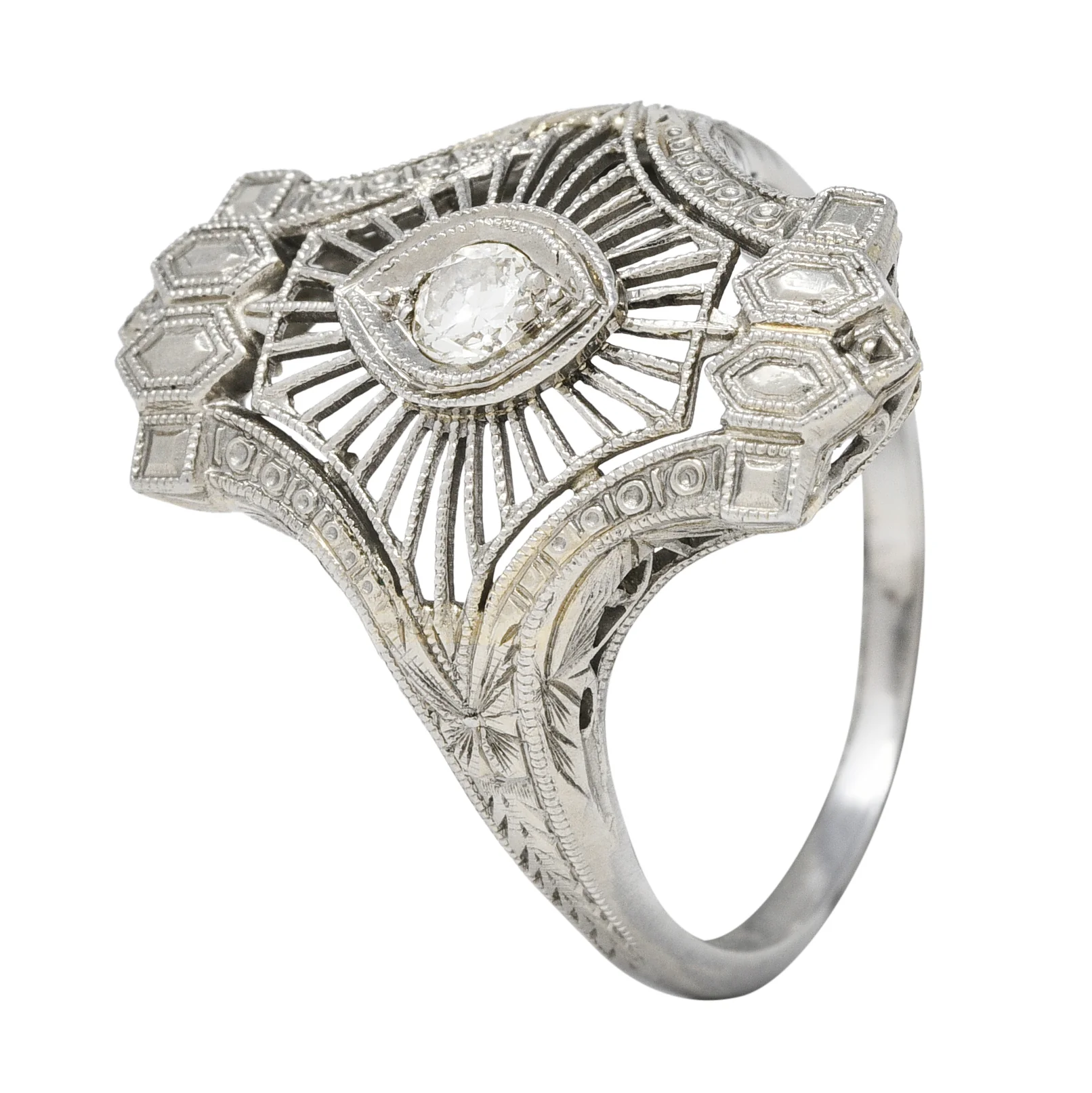 Art Deco Old European Cut Diamond 18 Karat White Gold Wheat Vintage Dinner Ring - Image 6