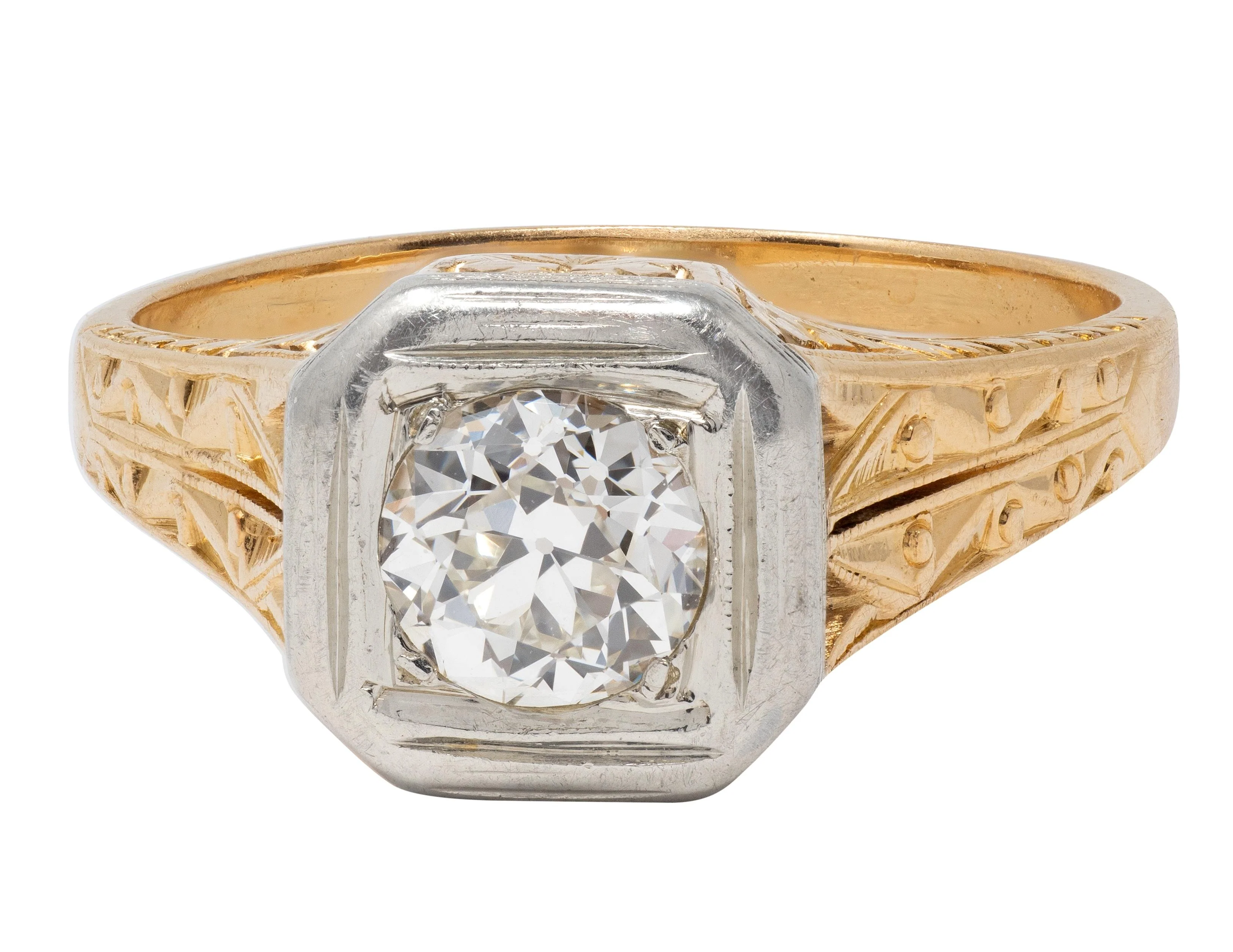 Art Deco Old European Cut Diamond 18 Karat Yellow White Gold Vintage Solitaire Engagement Ring