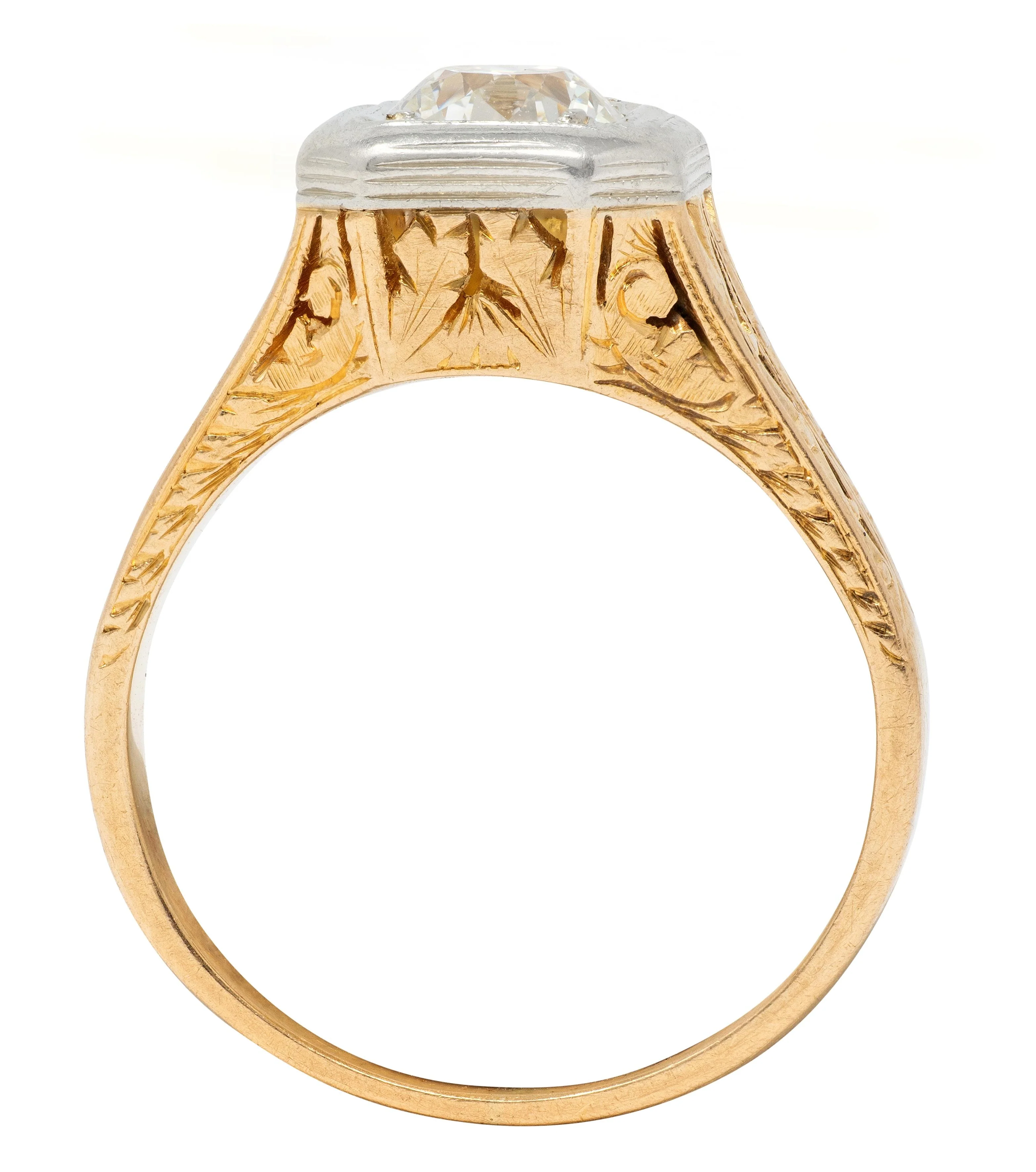 Art Deco Old European Cut Diamond 18 Karat Yellow White Gold Vintage Solitaire Engagement Ring - Image 11