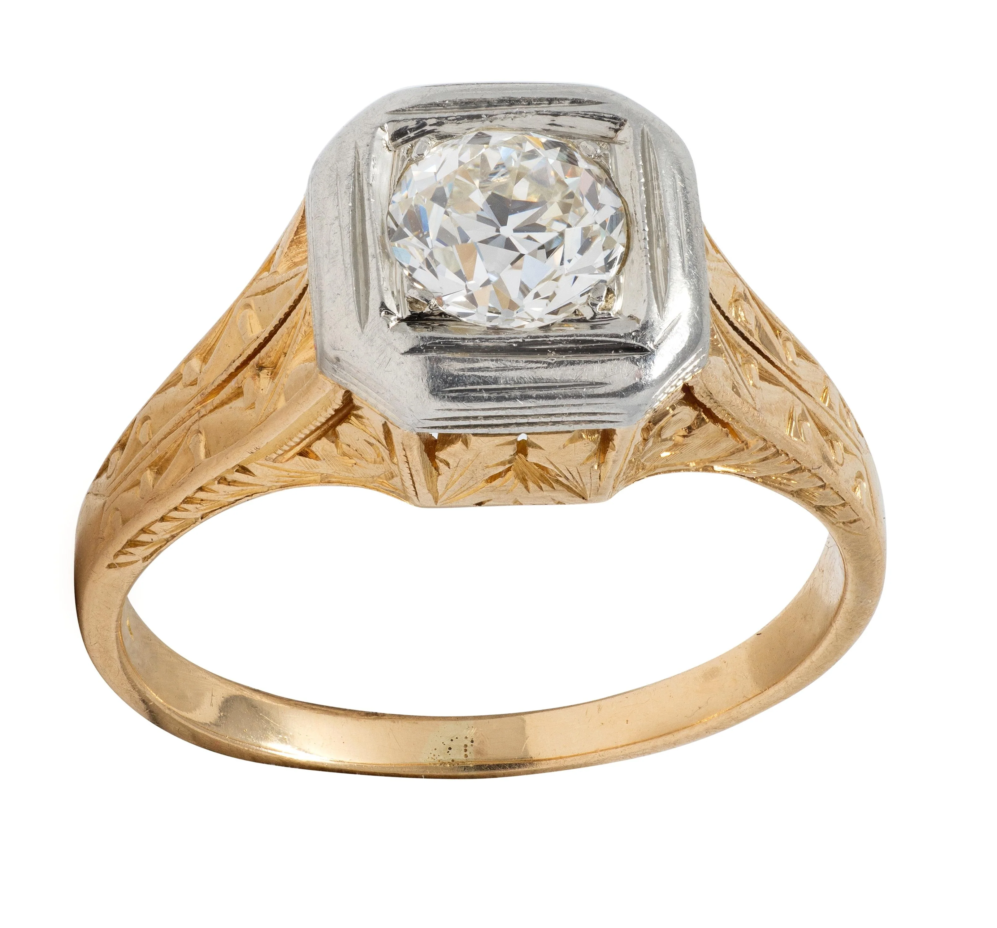 Art Deco Old European Cut Diamond 18 Karat Yellow White Gold Vintage Solitaire Engagement Ring - Image 12