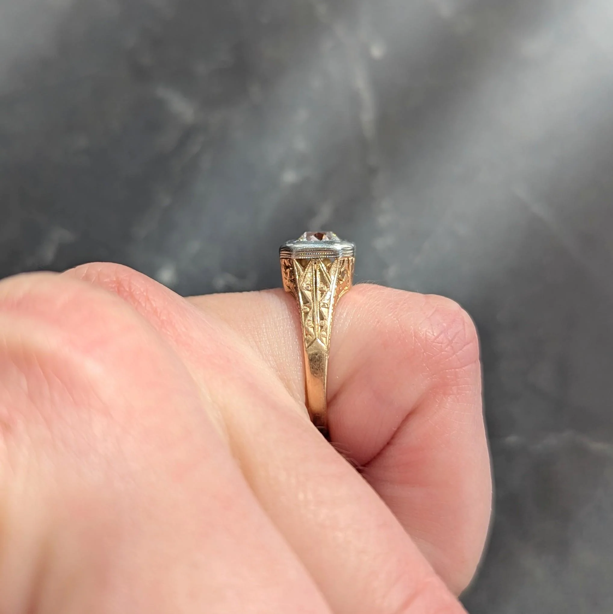 Art Deco Old European Cut Diamond 18 Karat Yellow White Gold Vintage Solitaire Engagement Ring - Image 14