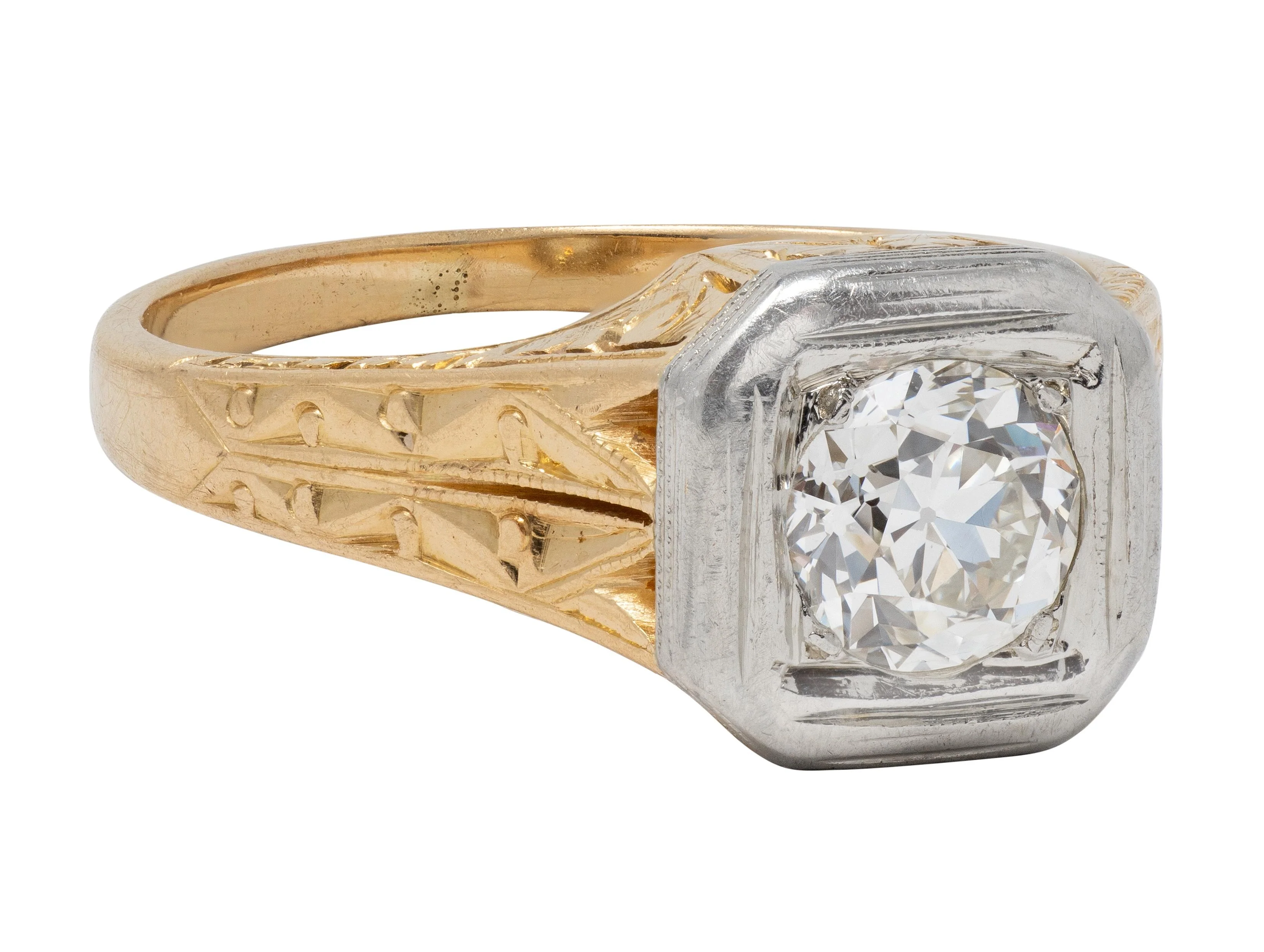 Art Deco Old European Cut Diamond 18 Karat Yellow White Gold Vintage Solitaire Engagement Ring - Image 3