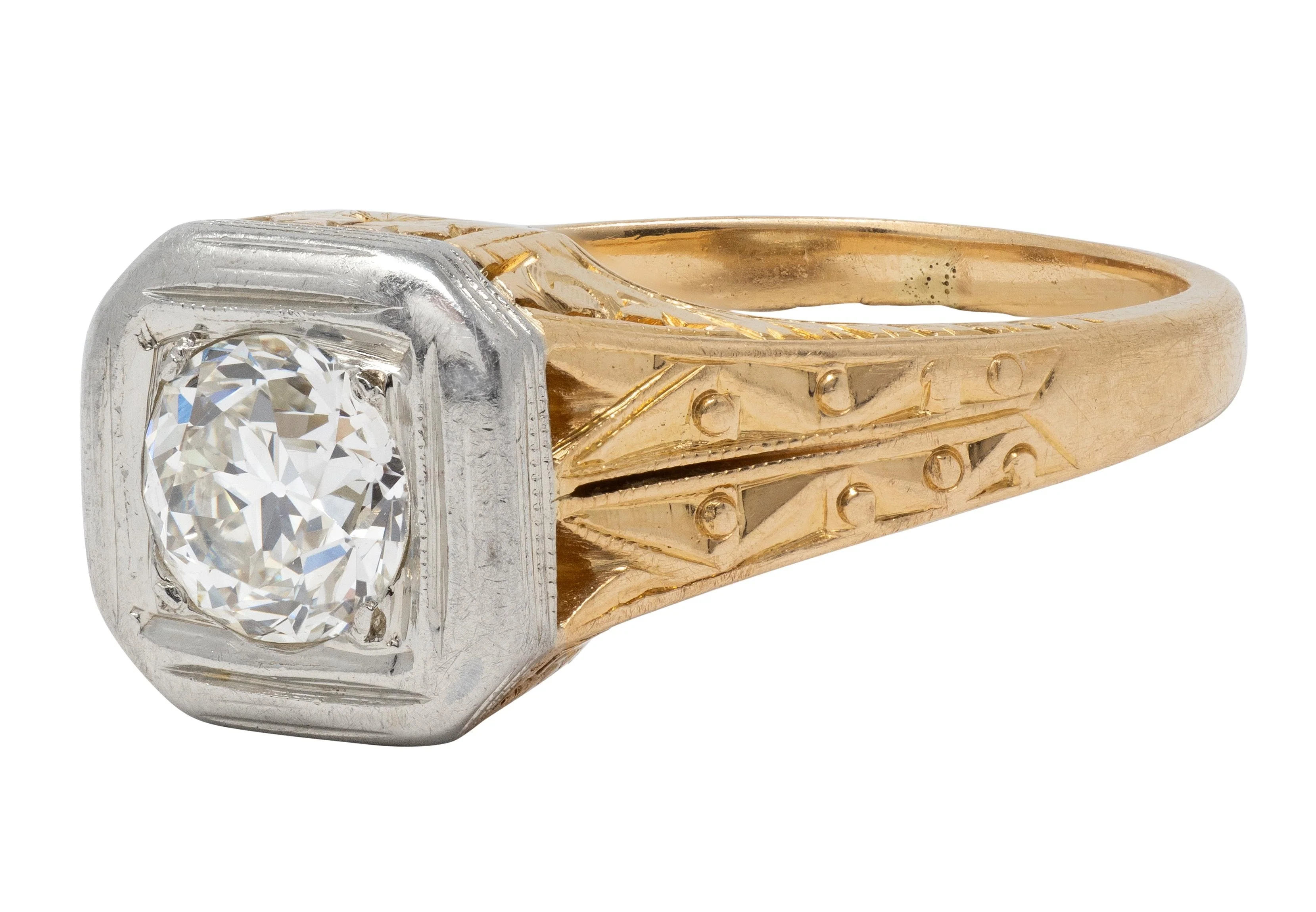 Art Deco Old European Cut Diamond 18 Karat Yellow White Gold Vintage Solitaire Engagement Ring - Image 7