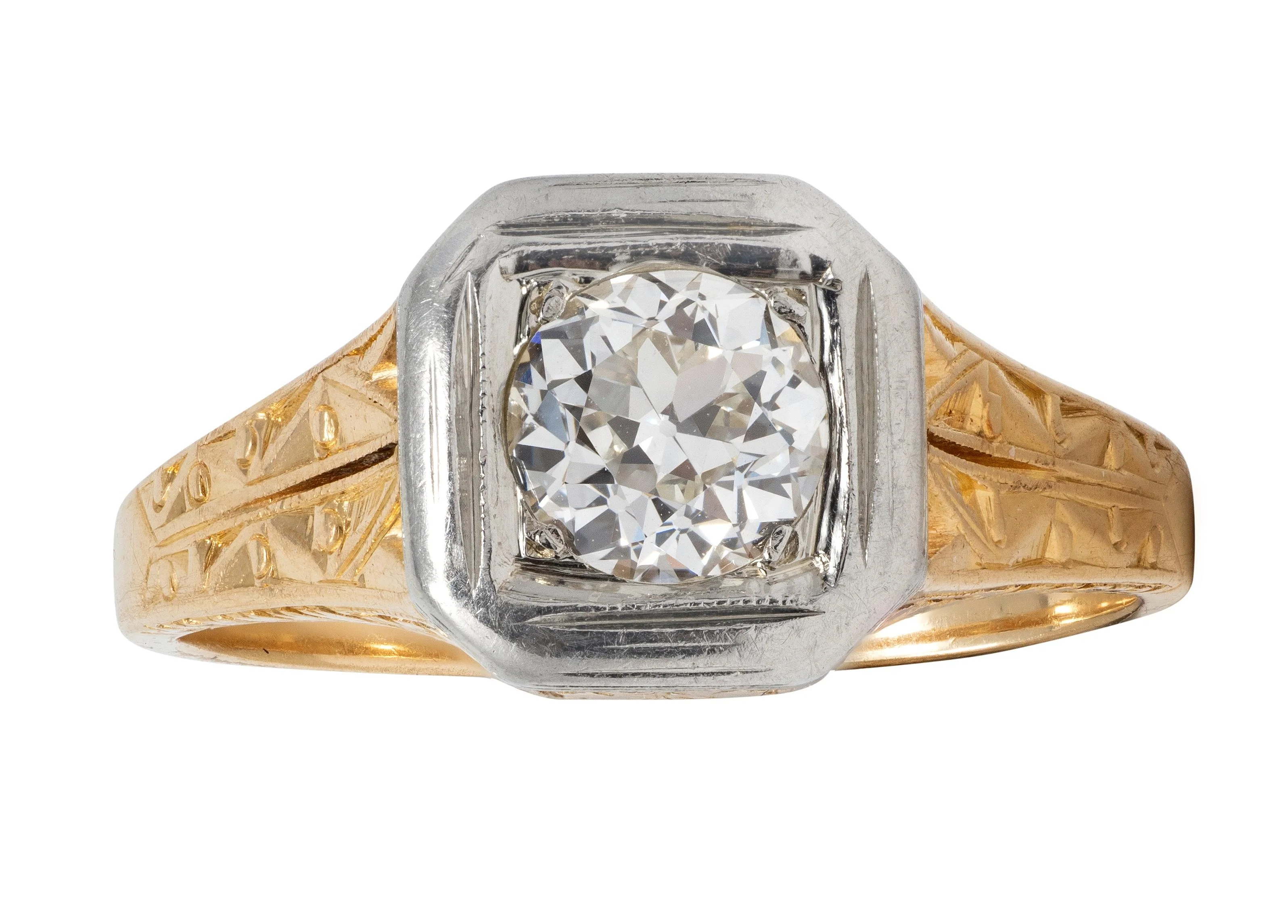Art Deco Old European Cut Diamond 18 Karat Yellow White Gold Vintage Solitaire Engagement Ring - Image 9