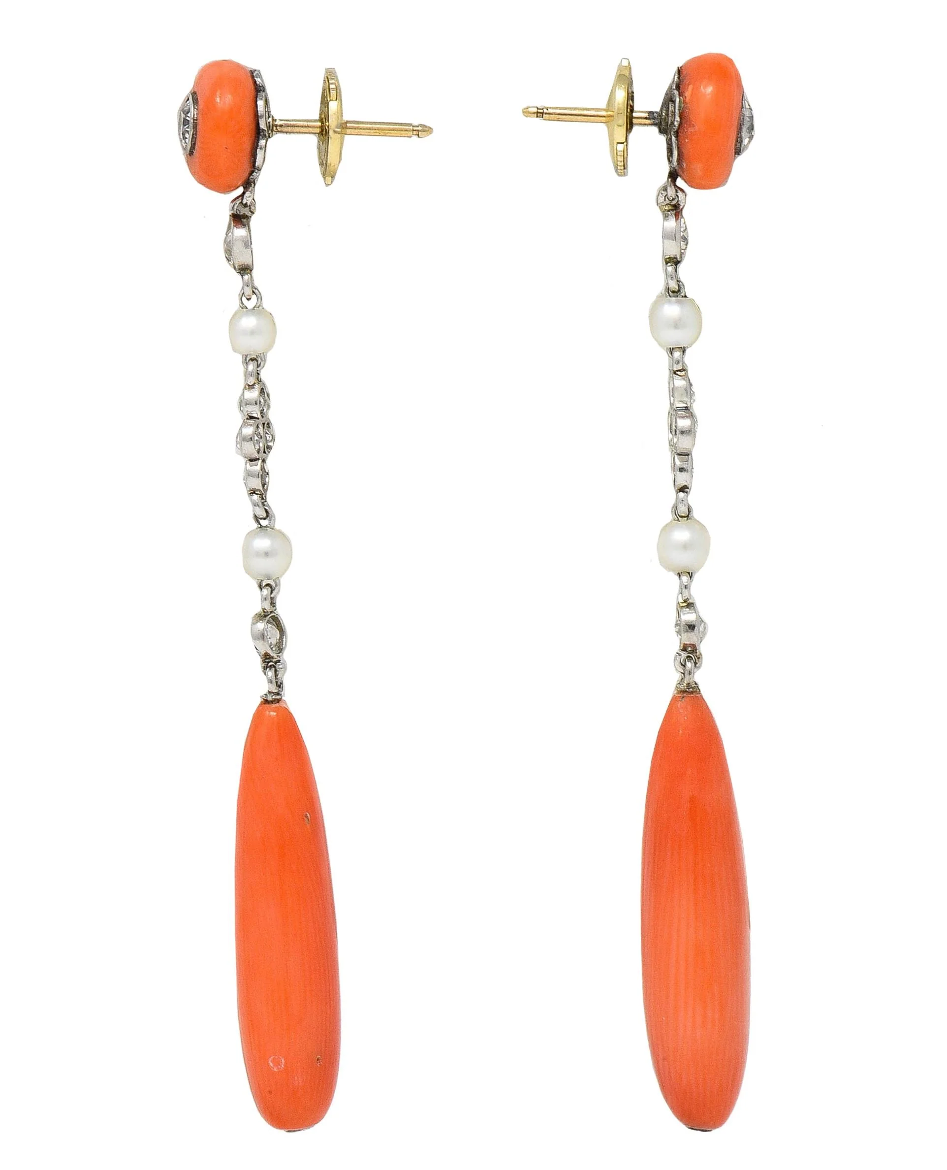 Art Deco Old European Cut Diamond Coral Pearl Platinum Antique Drop Earrings - Image 3