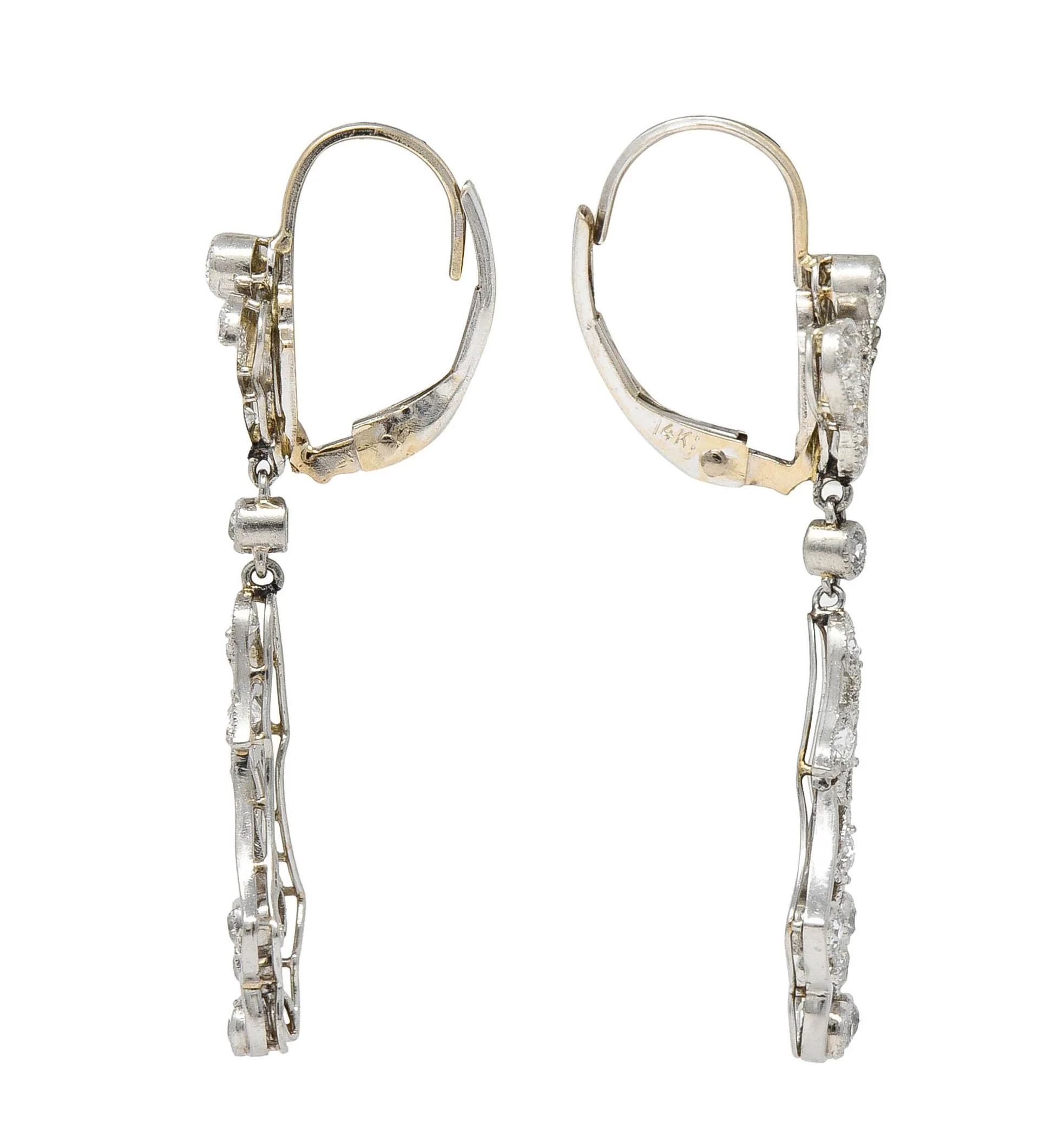 Art Deco Old European Cut Diamond Platinum Antique Lily Drop Earrings - Image 3