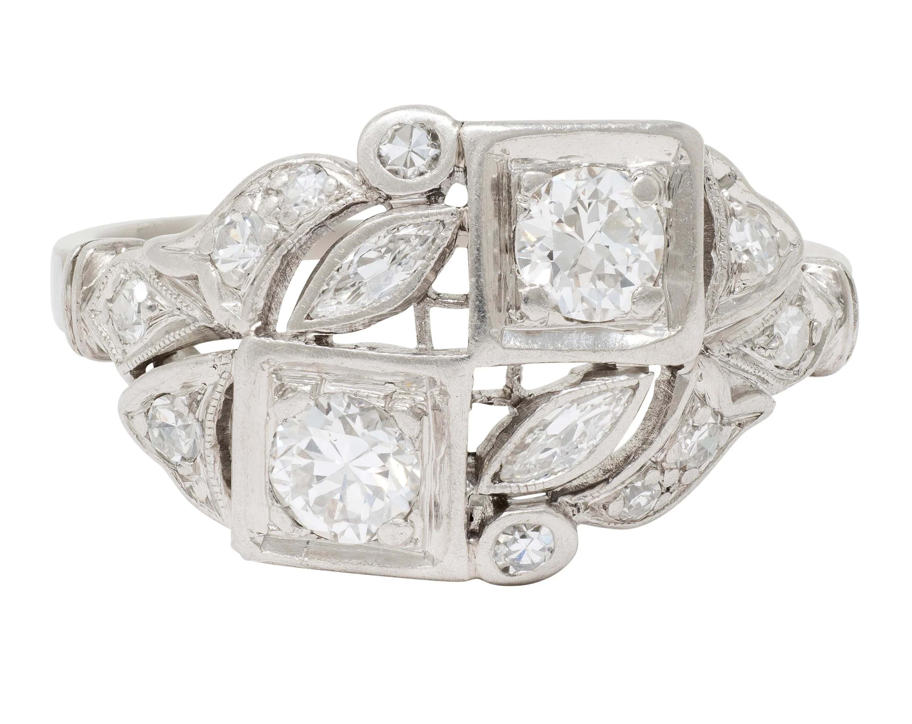 Art Deco Old European Cut Diamond Platinum Vintage Foliate Cluster Ring