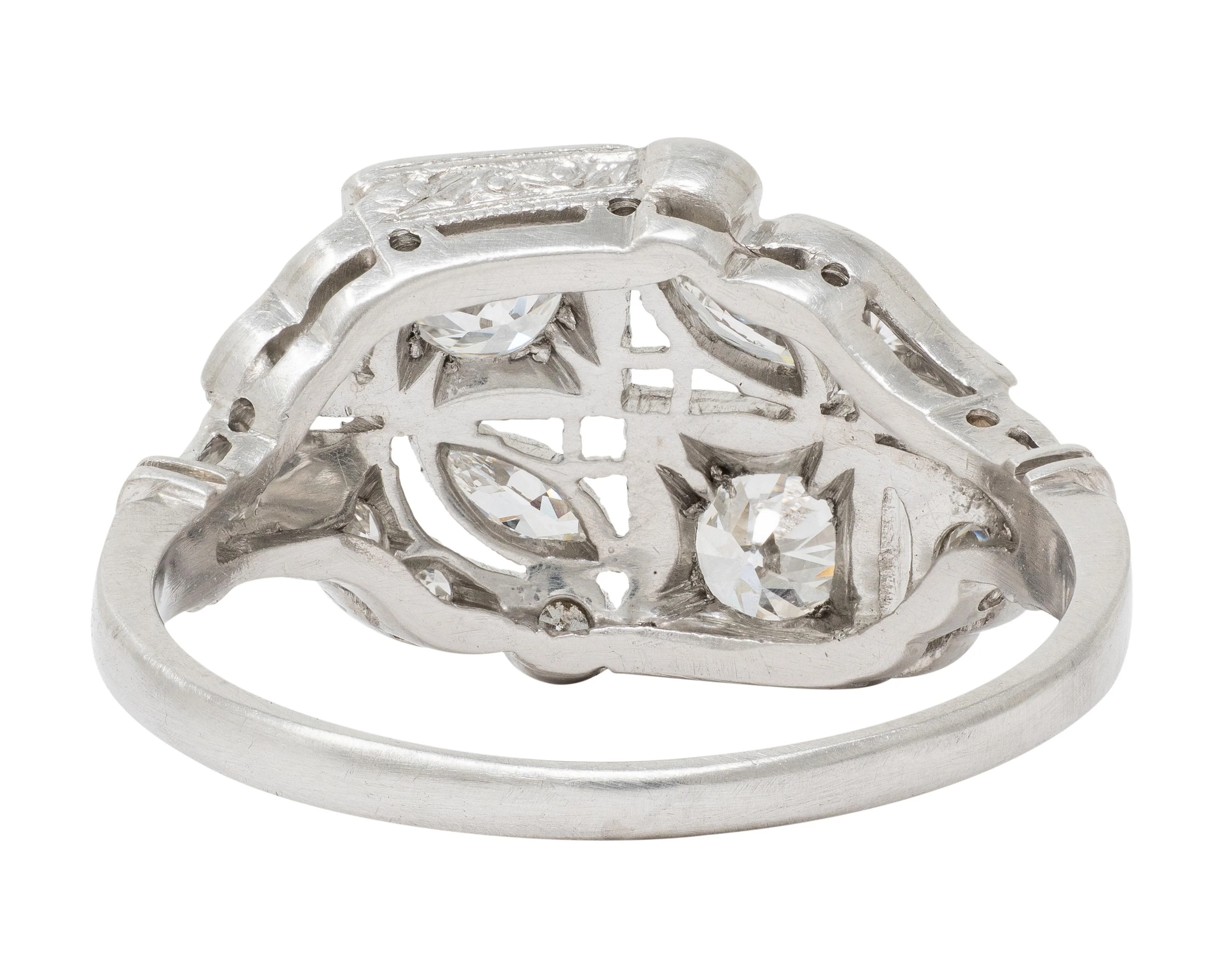 Art Deco Old European Cut Diamond Platinum Vintage Foliate Cluster Ring - Image 4