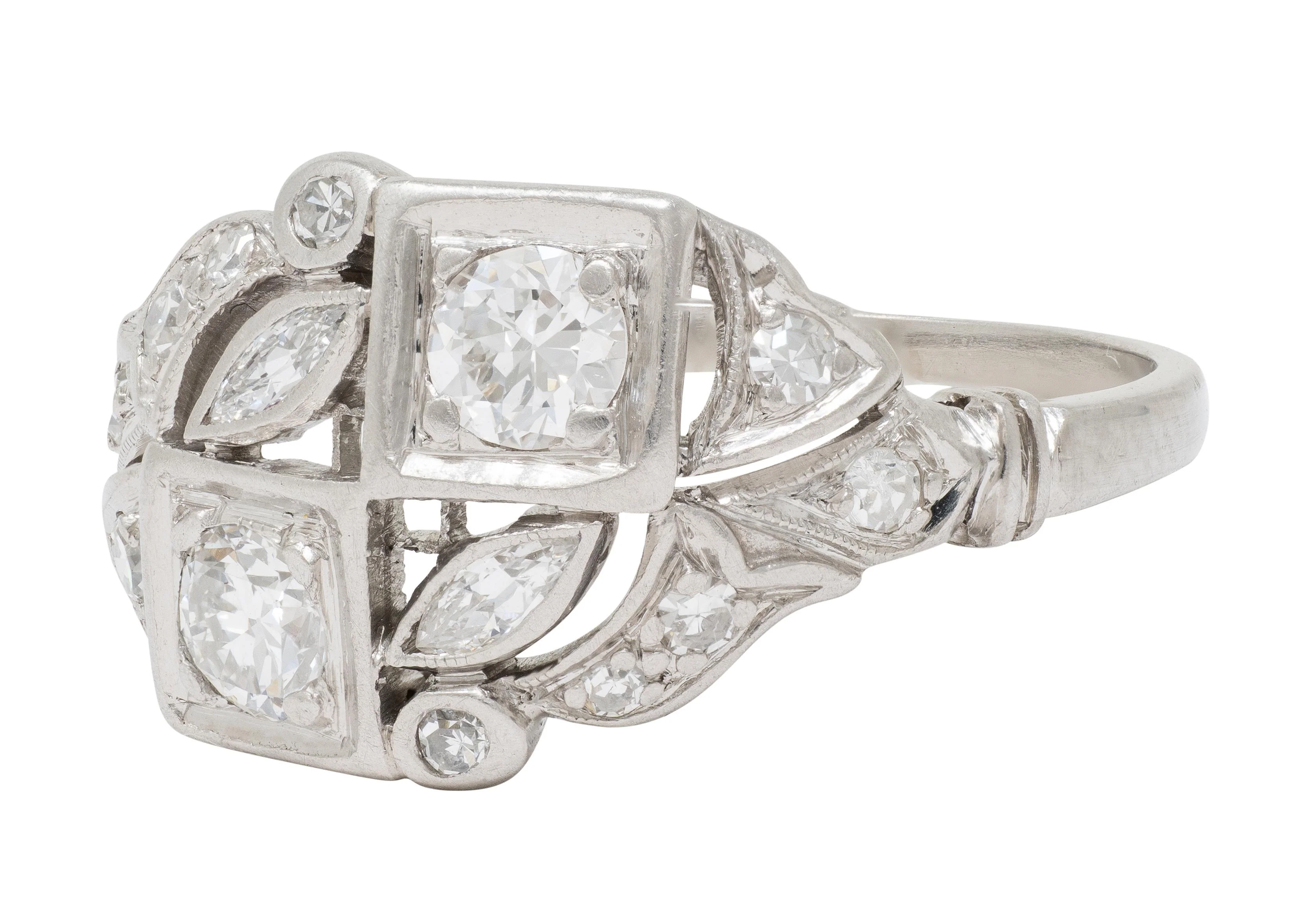 Art Deco Old European Cut Diamond Platinum Vintage Foliate Cluster Ring - Image 6