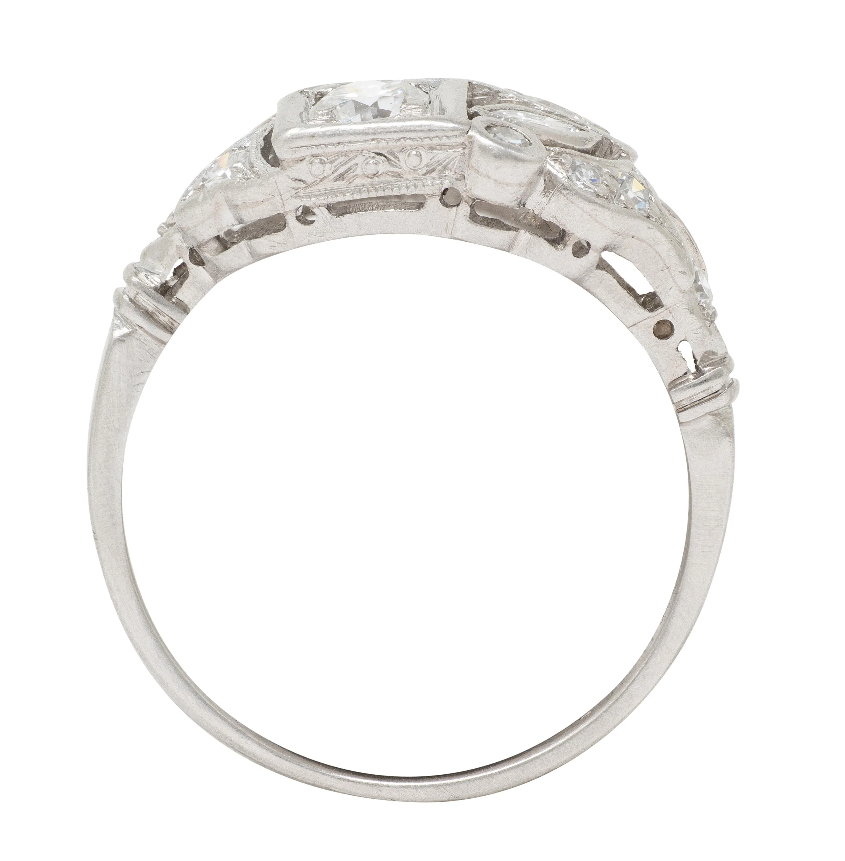 Art Deco Old European Cut Diamond Platinum Vintage Foliate Cluster Ring - Image 7