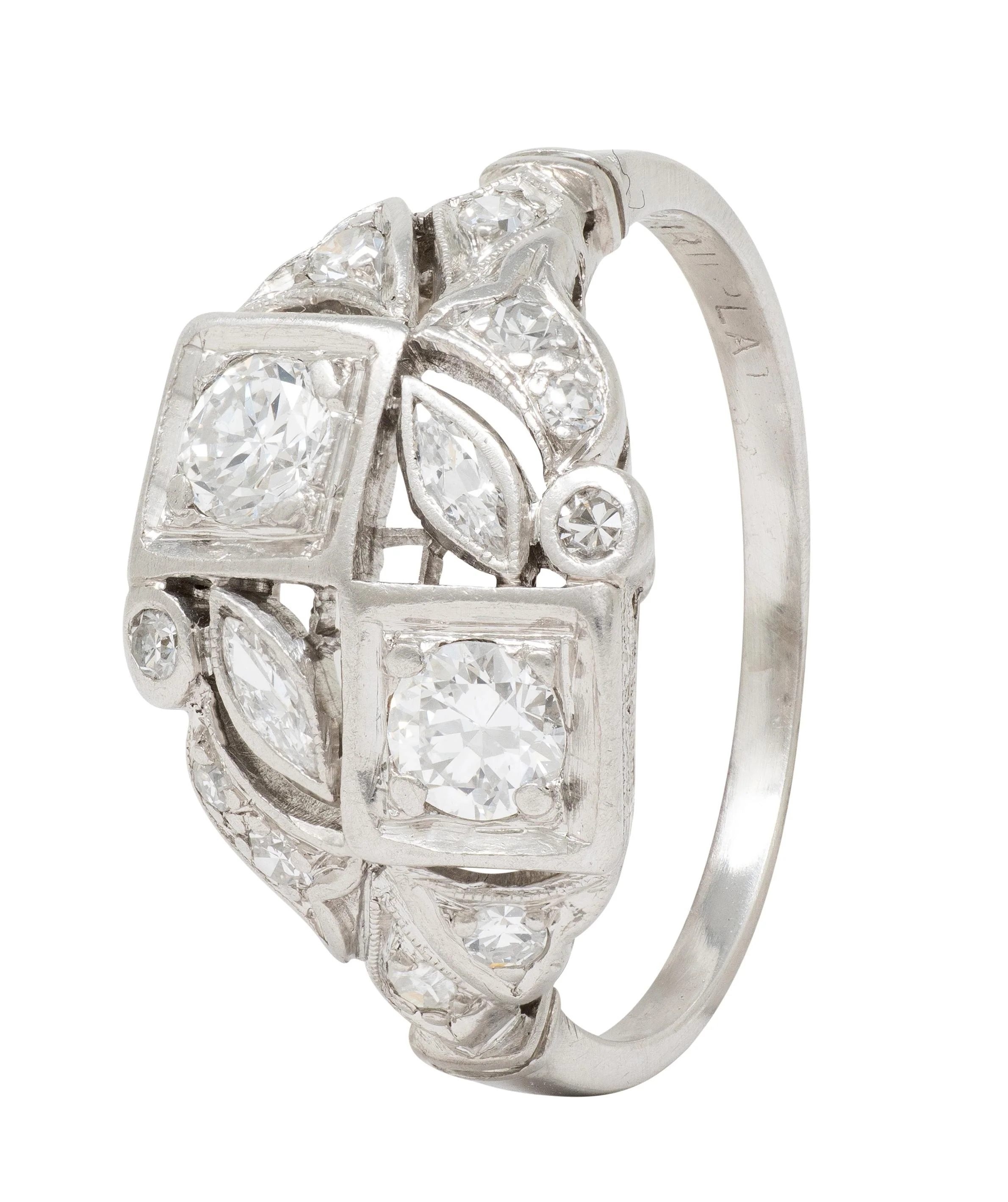 Art Deco Old European Cut Diamond Platinum Vintage Foliate Cluster Ring - Image 8