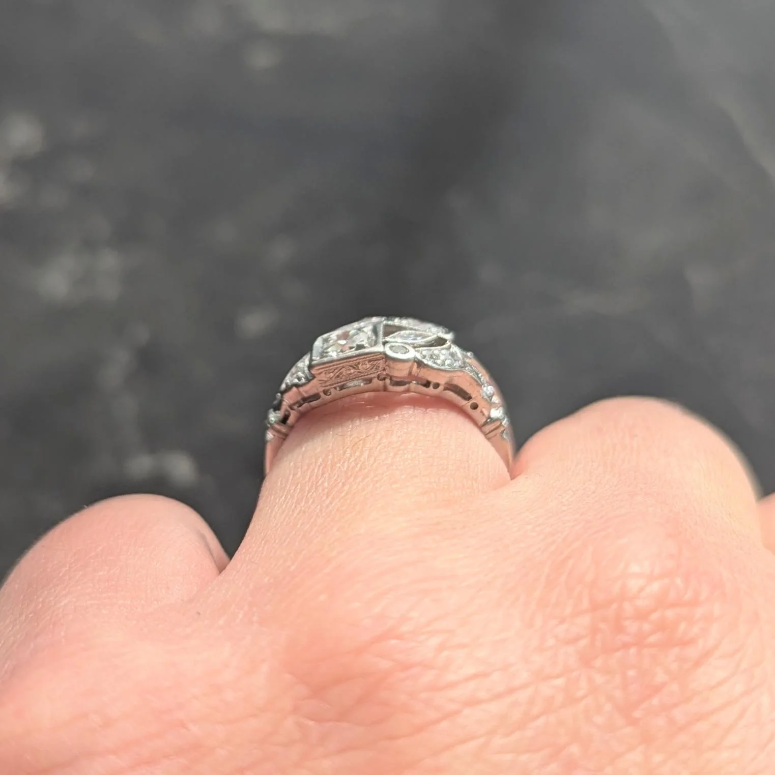 Art Deco Old European Cut Diamond Platinum Vintage Foliate Cluster Ring - Image 9